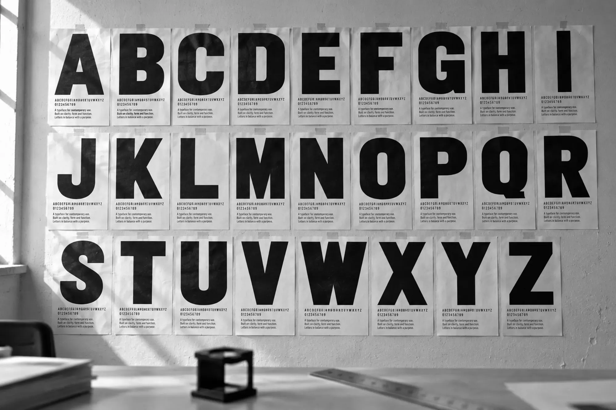 Black-and-white photograph of a studio wall covered in taped A3 type specimen sheets showing large black capital letters.