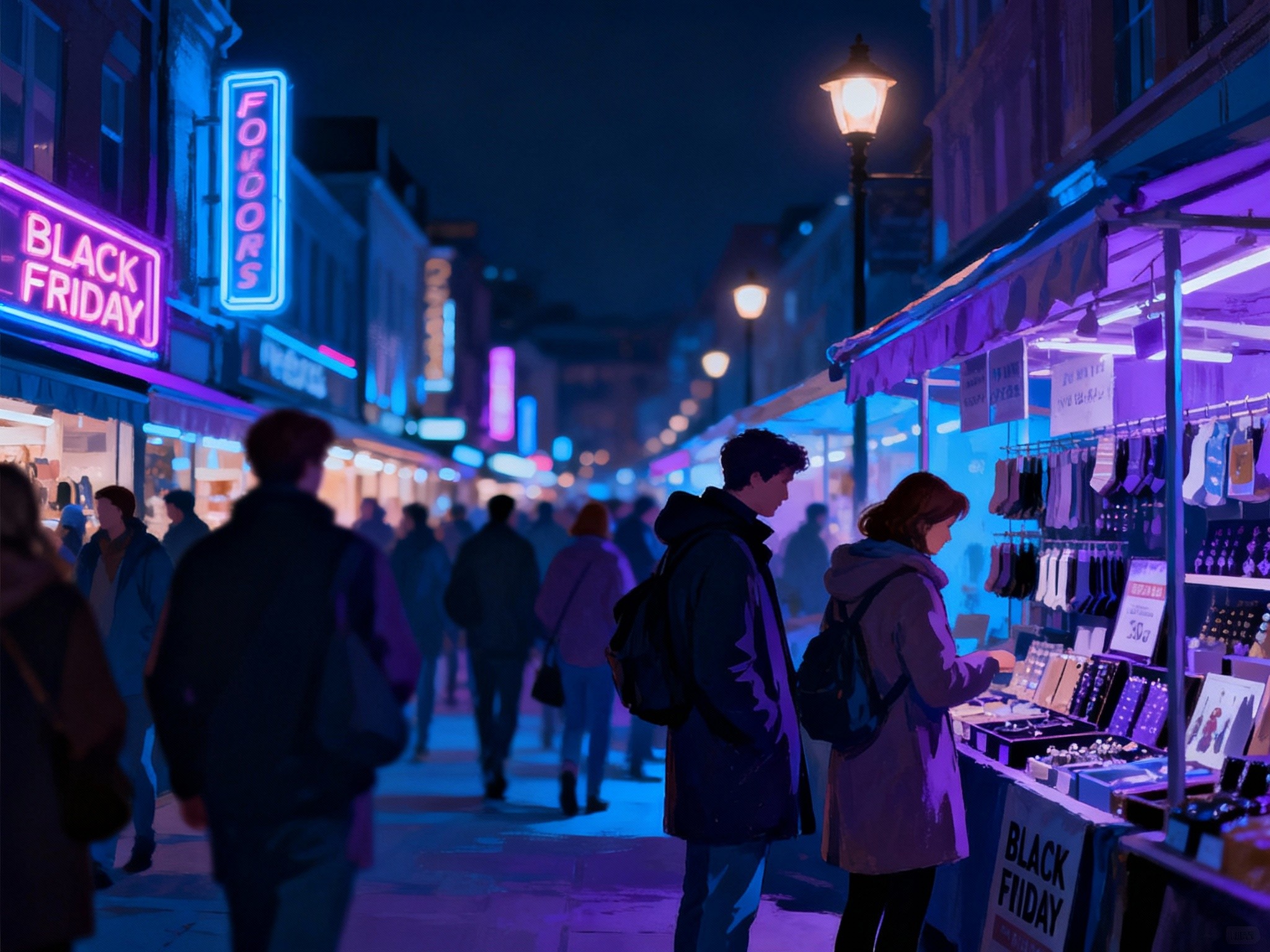 An atmospheric nighttime street market shot in , illuminated by neon signs and soft street lamps