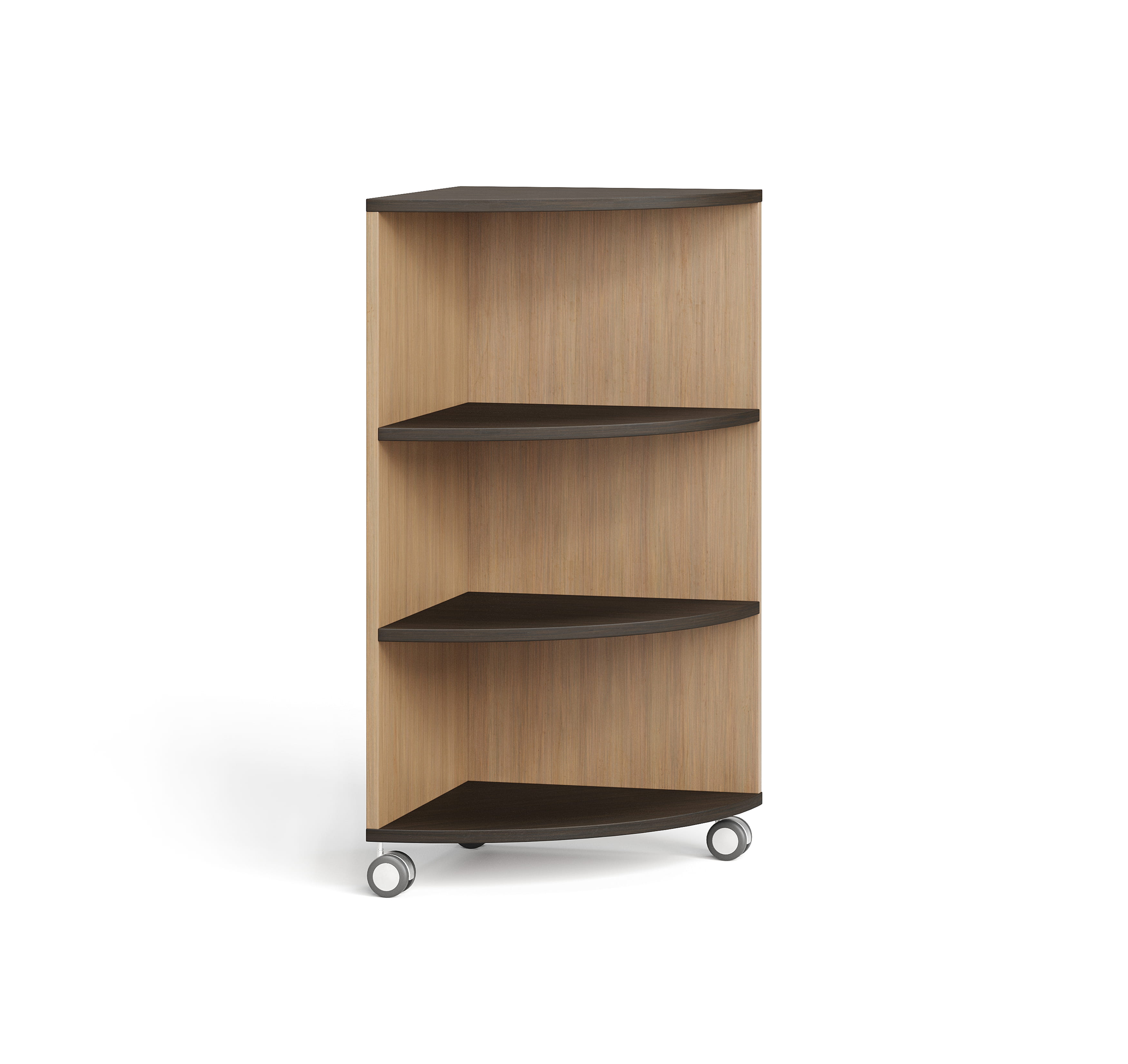 3D render of wooden corner storage unit with open shelves and caster wheels