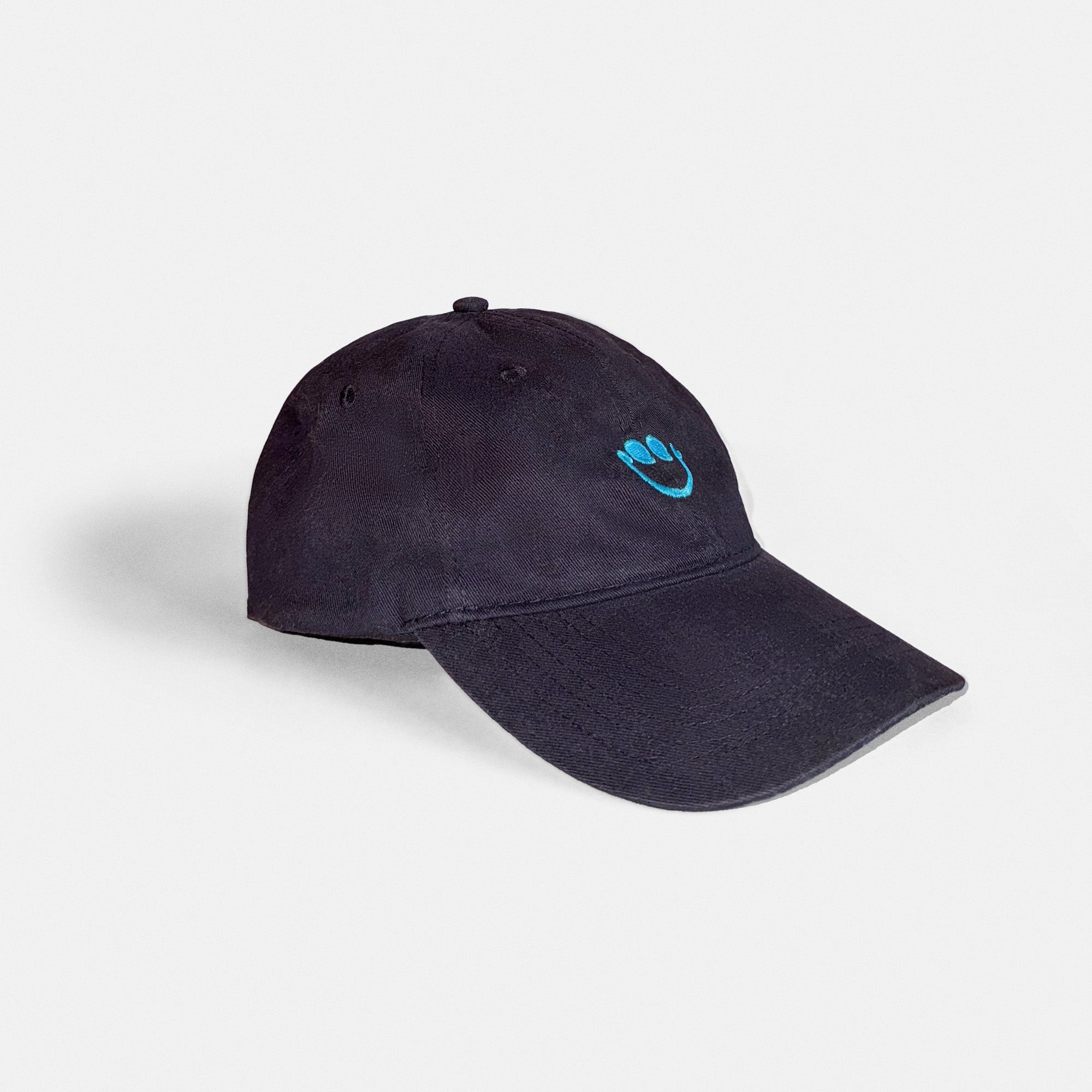 Black cap with a blue CQQL Records smiley logo on a light gray background