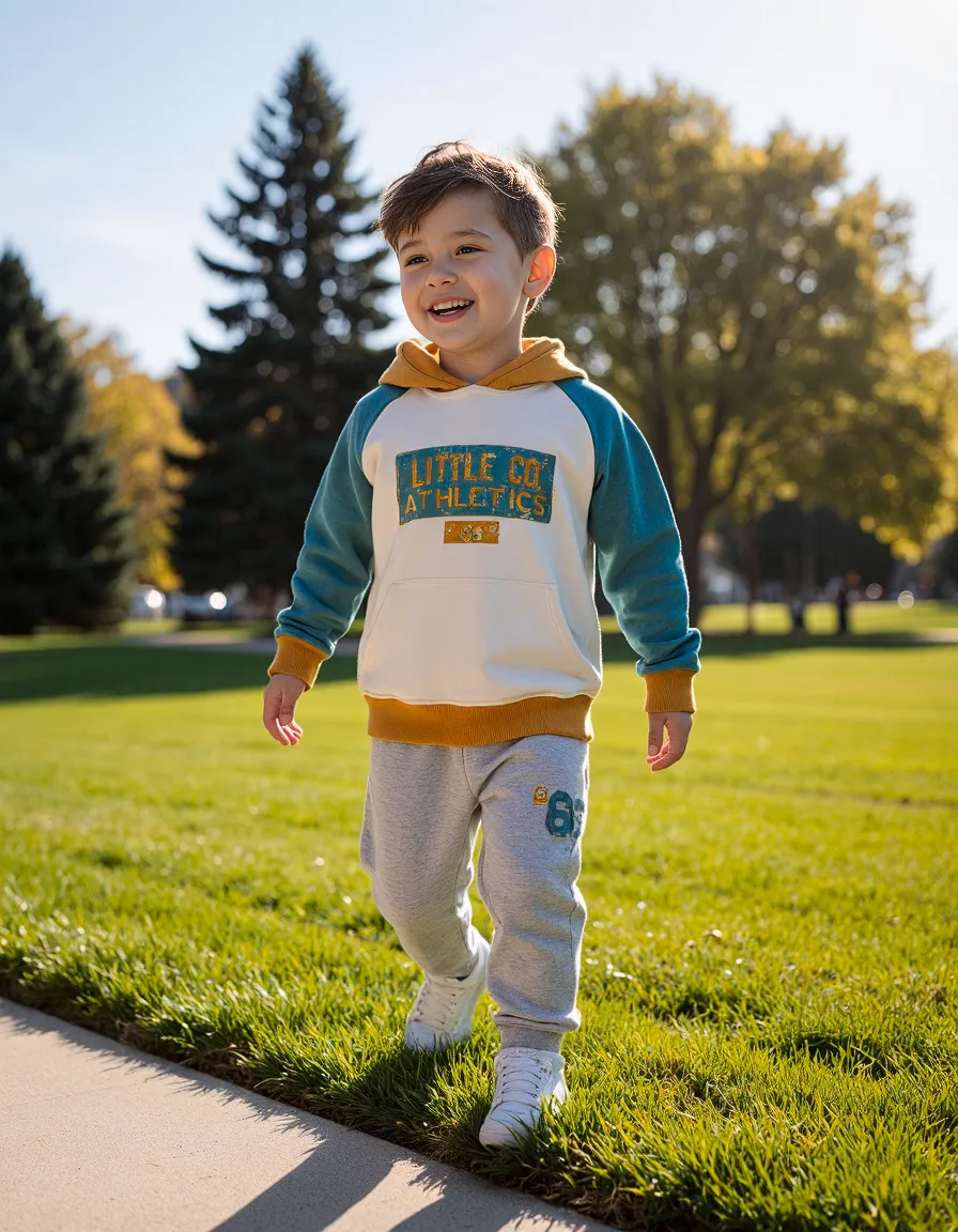 Child wearing teal and yellow "Little Athletics" hoodie with gray sweatpants walking on grass in a sunny park with autumn trees