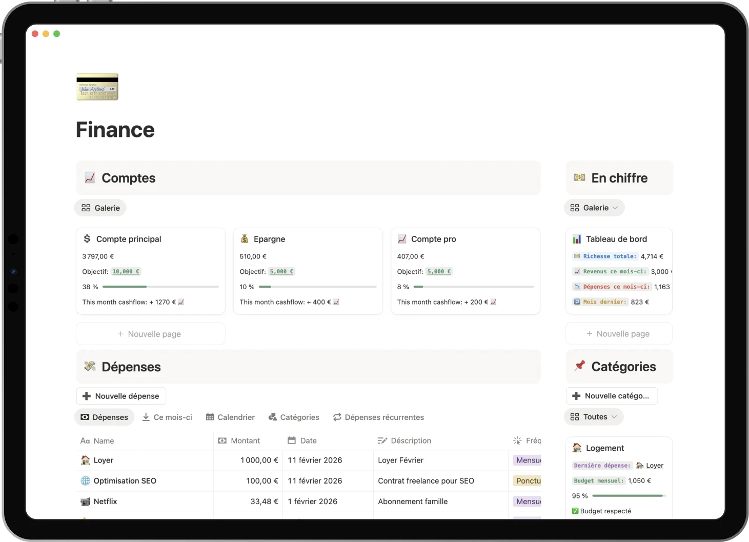 Ipad displaying the Finances template: track expenses & incomes, monitor your budget.