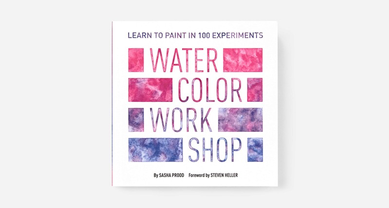 A white poster with some magenta and purple mixed stripes. The text on the poster says: Learn to paint in 100 experiments. Water Color Work Shop.
