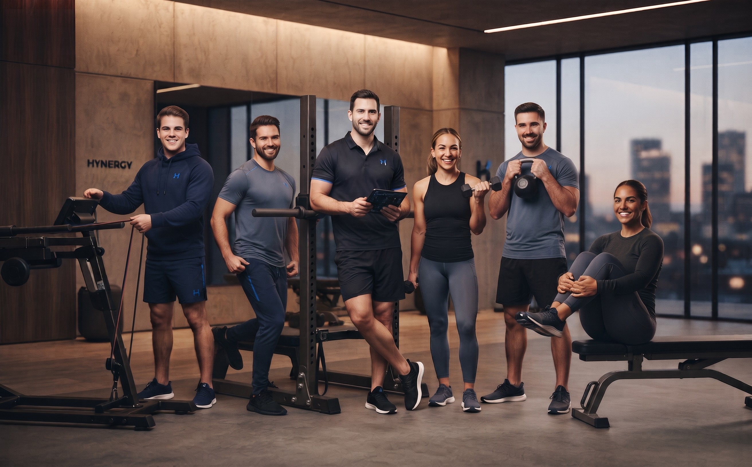 Group portrait of the Hynergy fitness coaching team posing together with workout equipment in a modern gym setting.