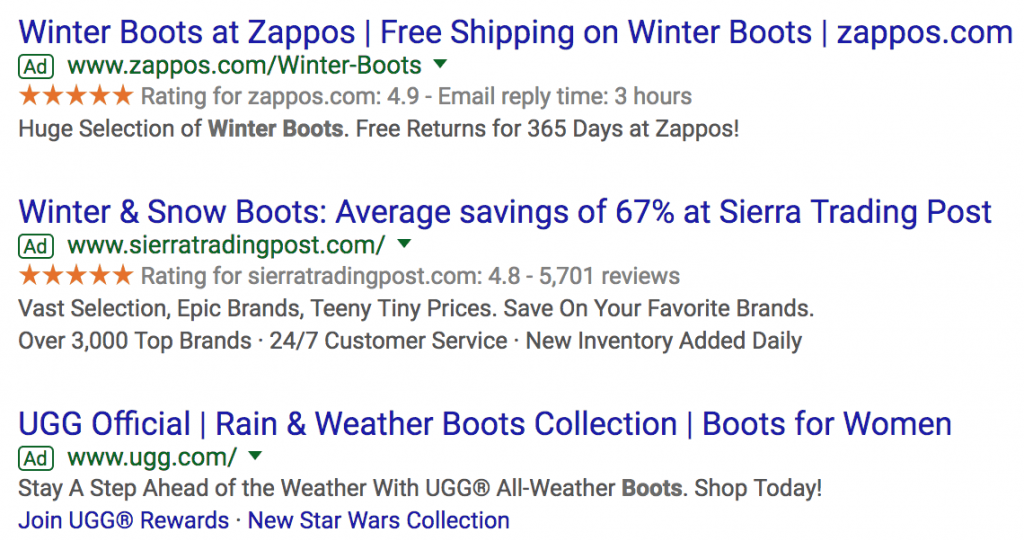 Screenshot of Google search ads for winter boots. Top results include Zappos, Sierra Trading Post, and UGG. Ads highlight free shipping, major discounts, customer ratings, and special collections like “New Star Wars Collection.”