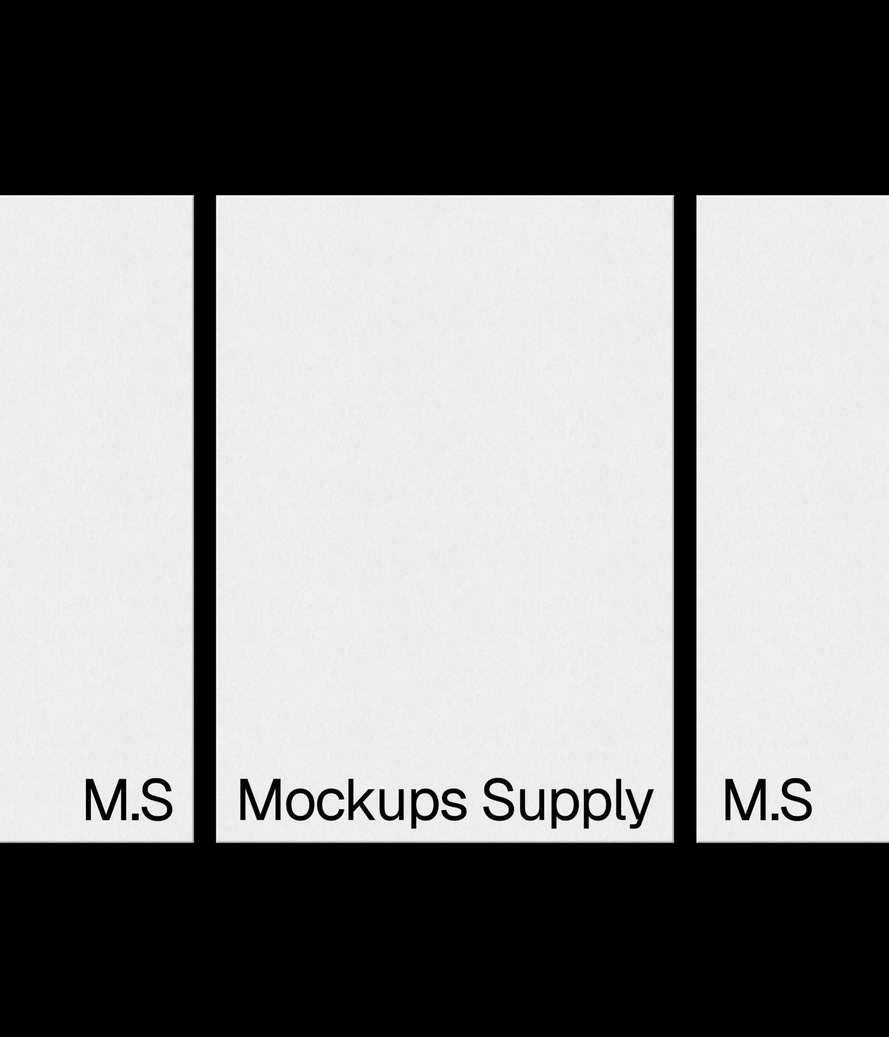 3 A4 paper mockup portrait in a row for Photoshop with debossed text effect, white papers on black background, clean minimal stationery and print branding presentation