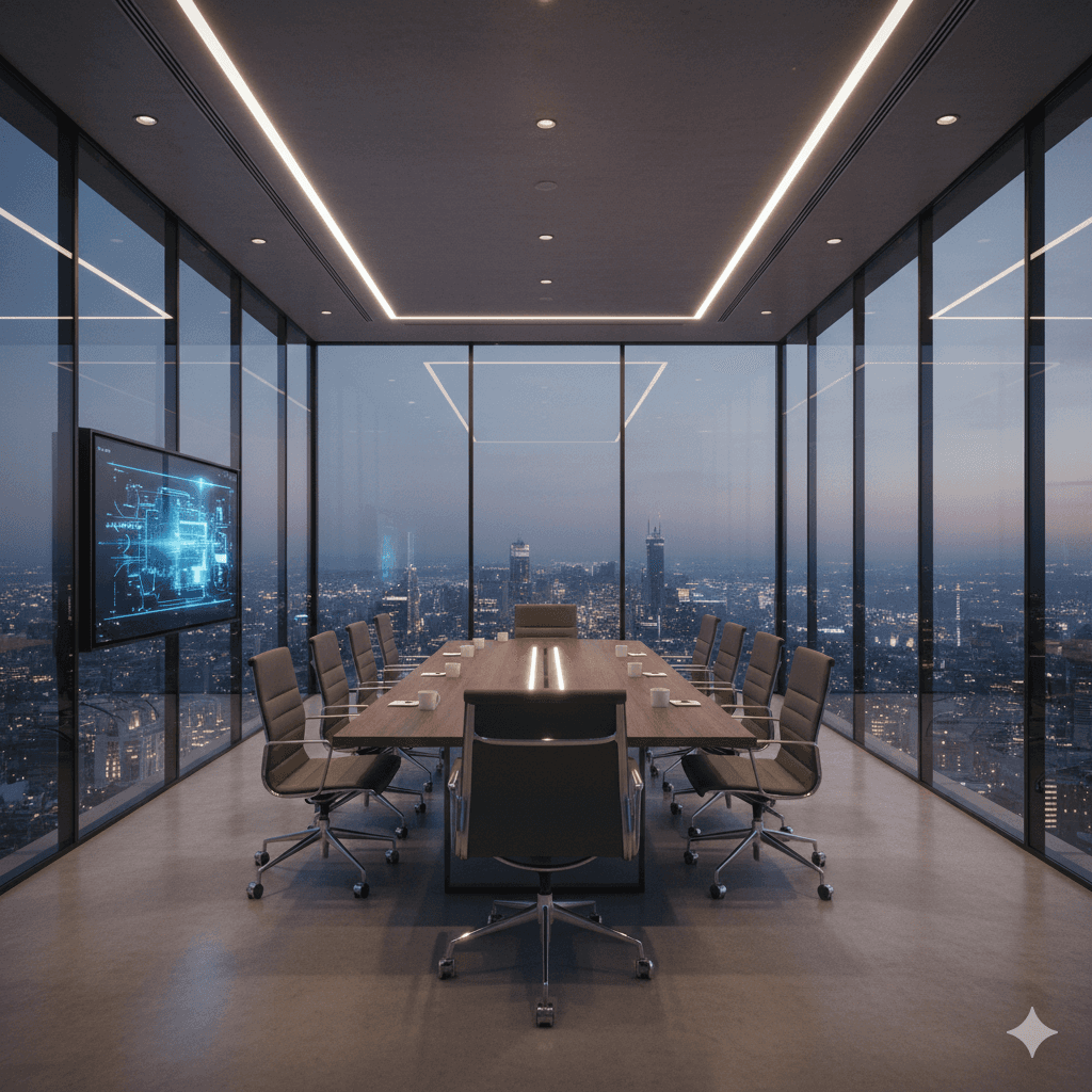 Sleek executive boardroom with city skyline views in a premium Sector 111 office tower