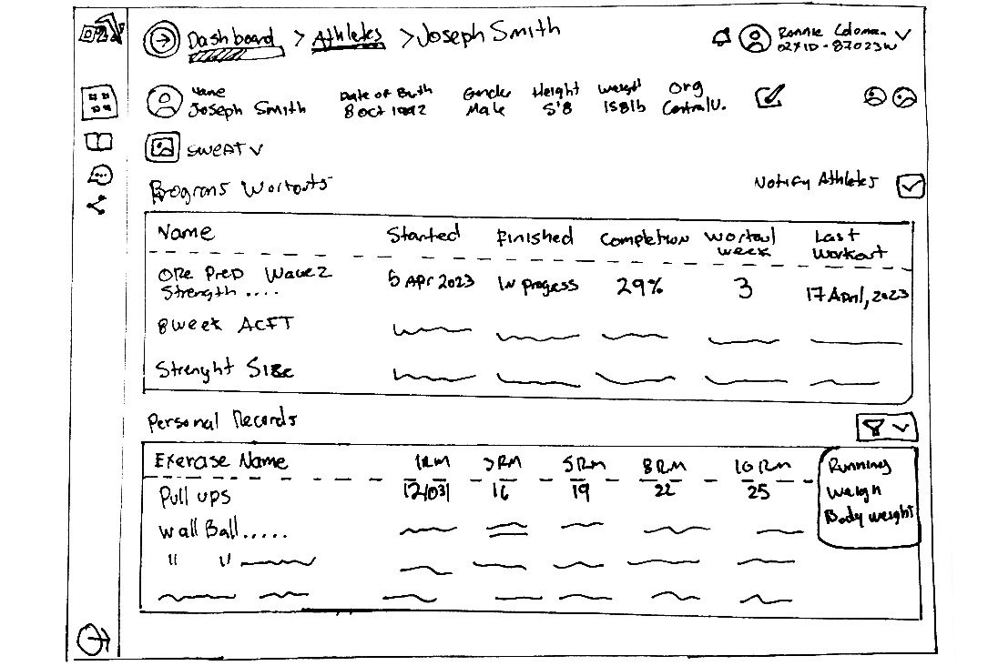 O2X athlete information sketch screen