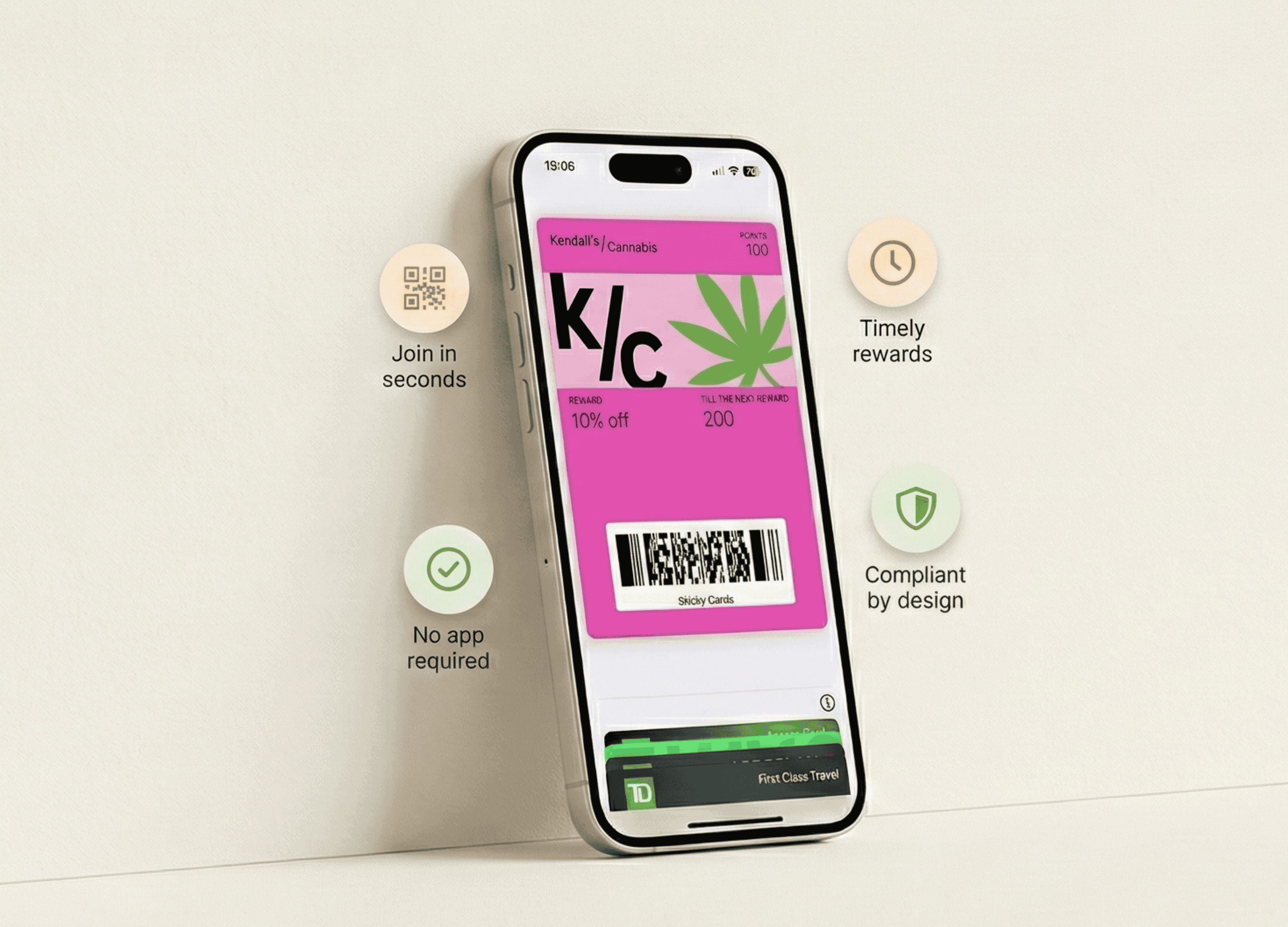 Smartphone showing a simple digital dispensary rewards card with clear progress and easy enrollment, representing a modern, compliant cannabis loyalty program.