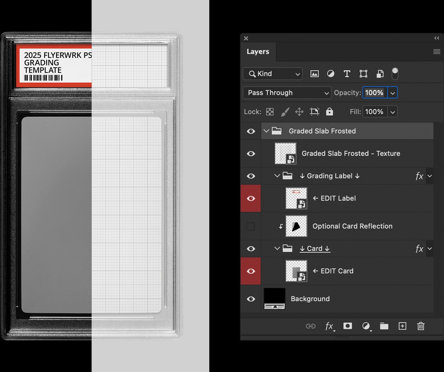 Trading card case mockups Photoshop smart object layers for editing cards and labels