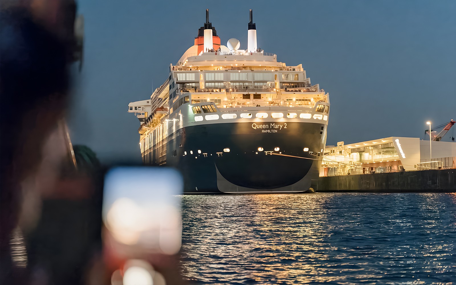 Large cruise ship illuminated at night during a 1.5h Grand Evening Lights Cruise.