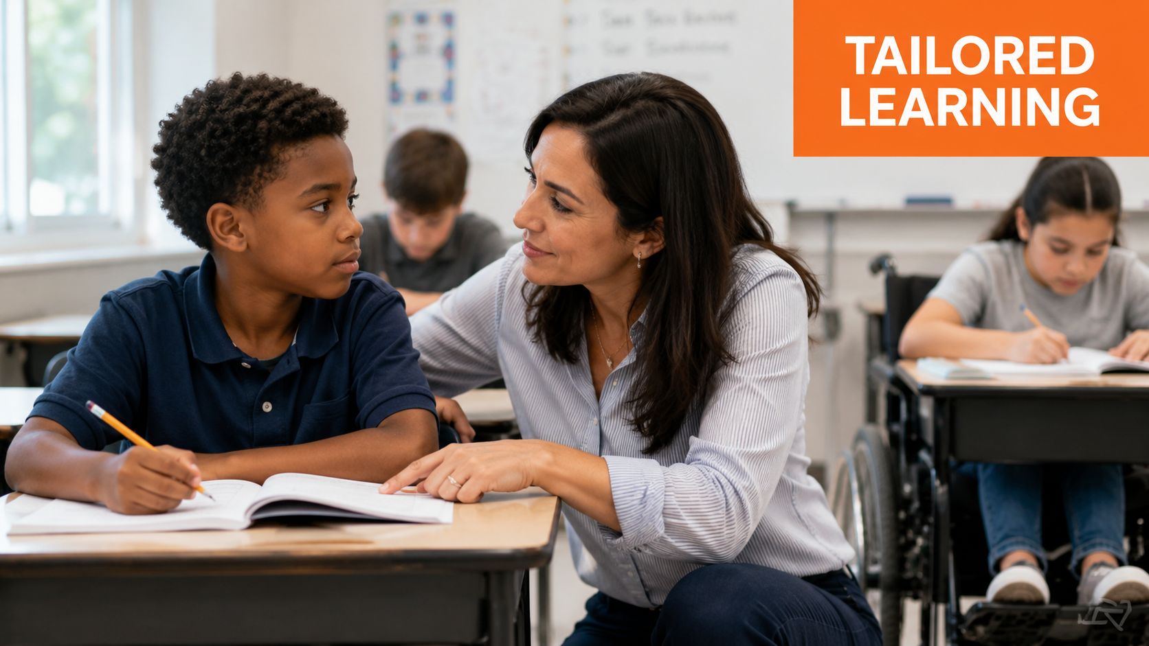 A teacher provides personalized instruction to a young student sitting at a desk in a classroom.