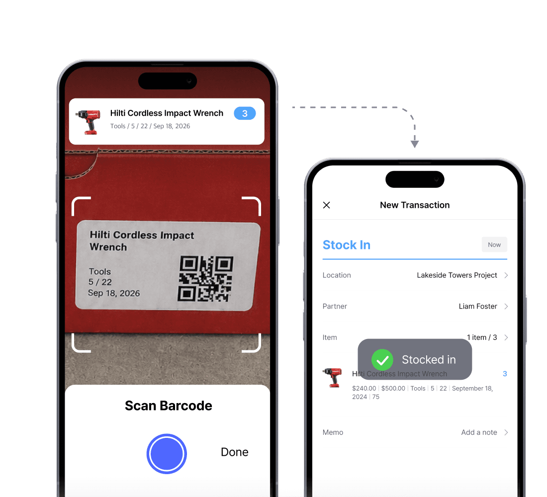 Scanning a tool's barcode in the BoxHero app to log a "Stock In" transaction, with an on-screen confirmation.