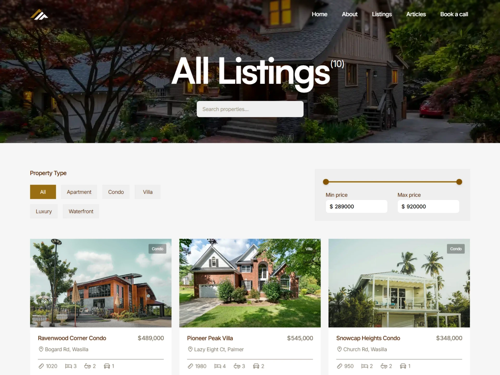 Search & filter page of property listings website