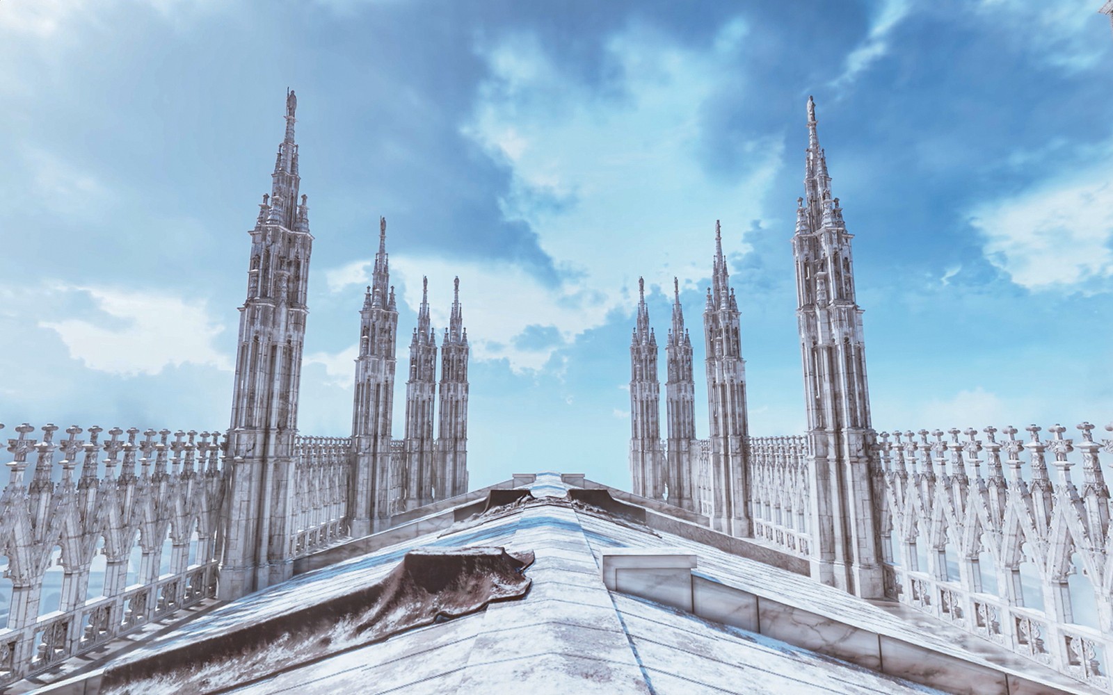 Duomo Milan Cathedral rooftop spires under a blue sky, part of VR experience.