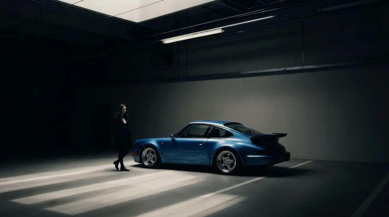 Blauer Porsche 911 Oldtimer in dunkler Tiefgarage – Klassiker und Youngtimer Versicherung