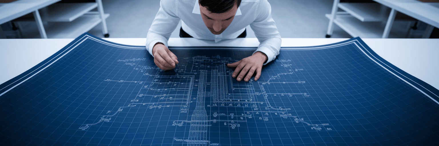 Engineer reviewing secure network configuration blueprint.