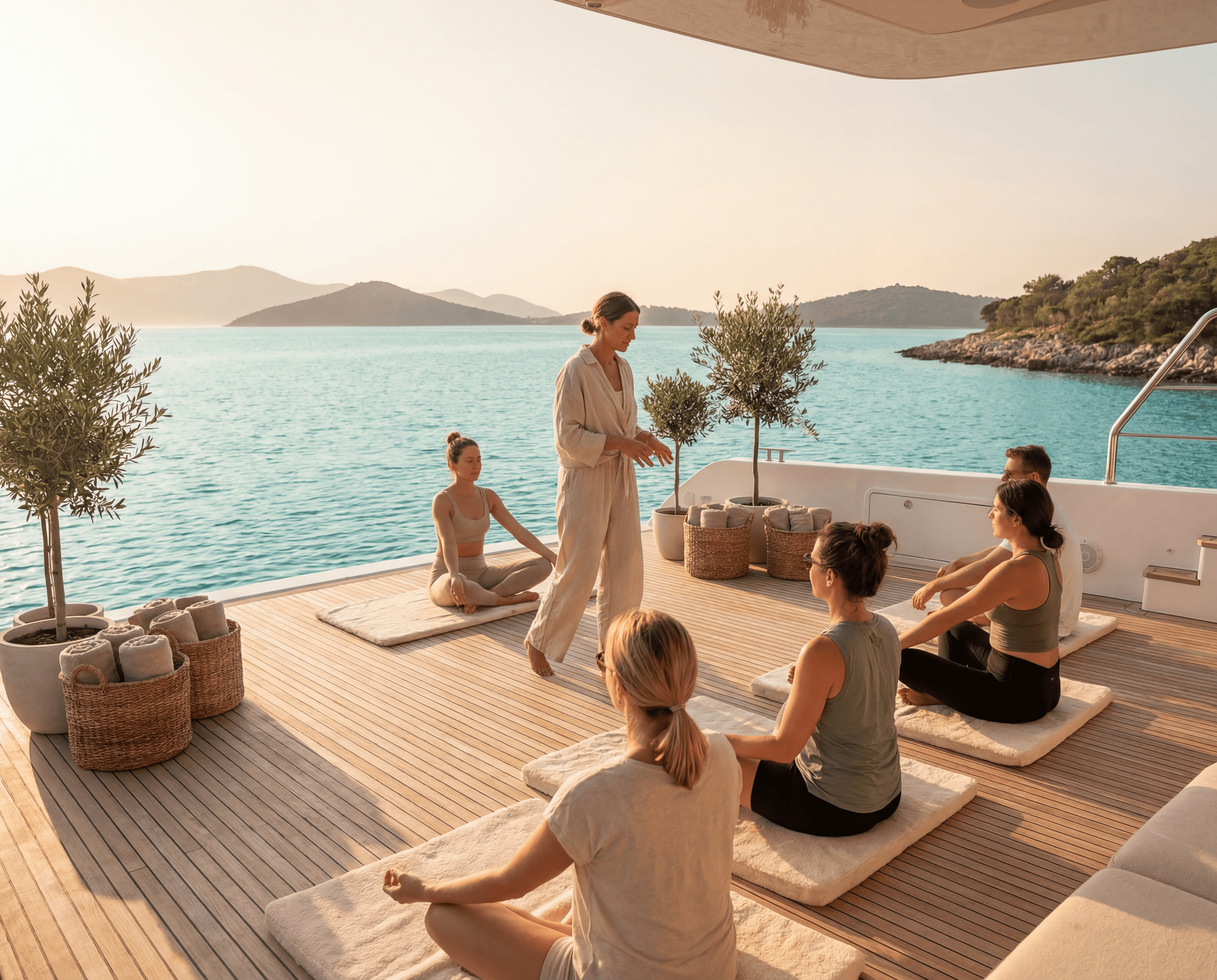 Séance de yoga ou méditation guidée sur le pont d’un catamaran, en pleine mer au lever ou coucher du soleil