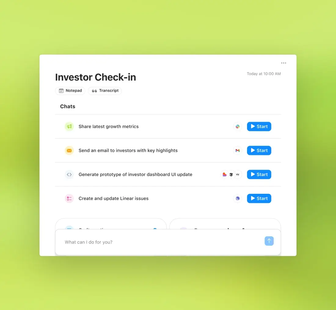 Radiant generates automatic meeting summaries and drafts emails, documents, and invites, ready to copy, share, or send to your work tools with one click.