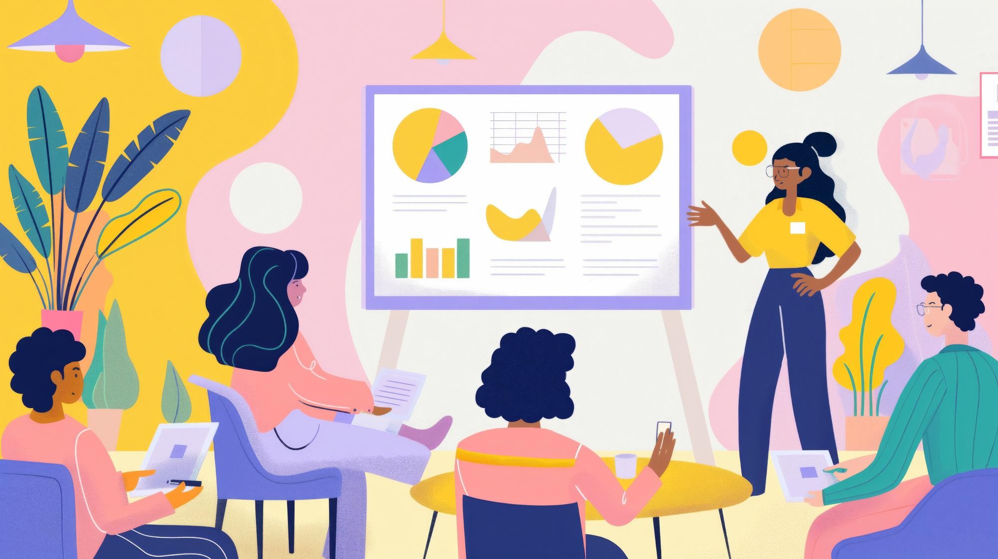 A colourful illustration of woman giving a presentation