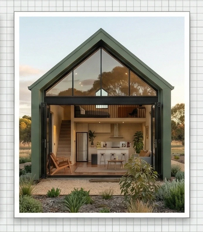 Finished product and beautiful photo of a Respira shed. A green shed in a beautiful Australian field 