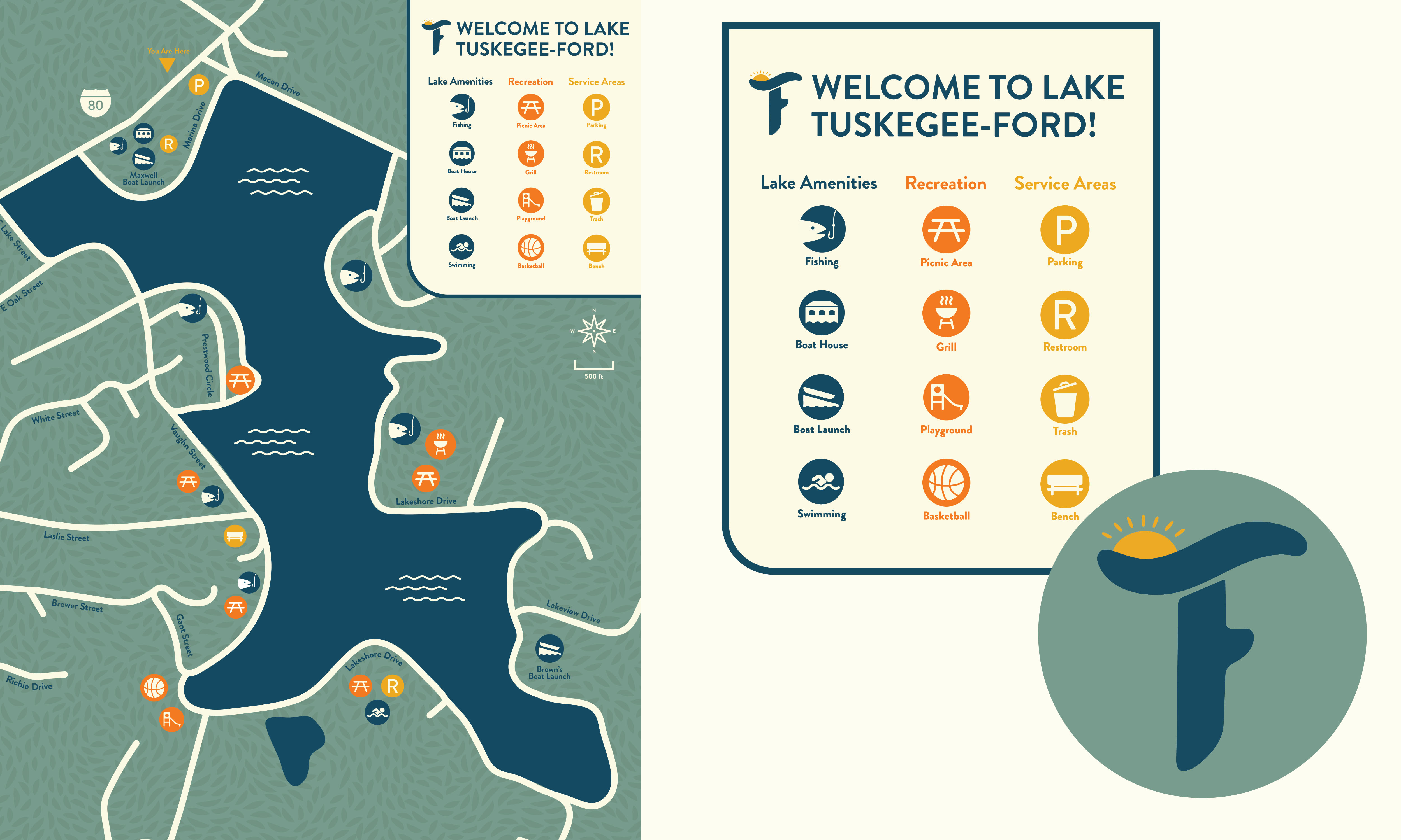 Image of Lake Tuskegee-Ford map mockup with icon system and logo