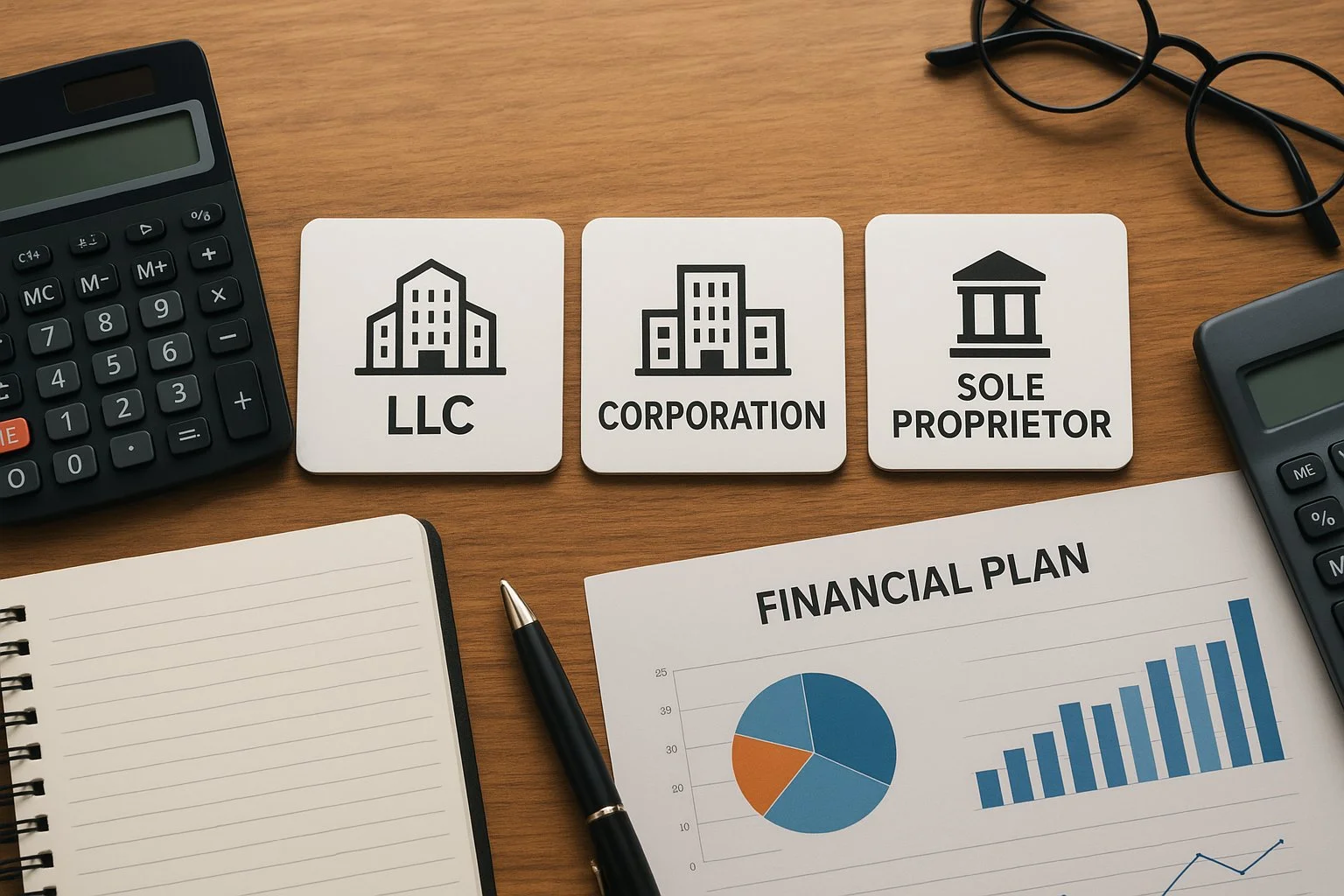 Icons representing different business types—LLC, corporation, sole proprietor—arranged neatly on a financial planning desk.