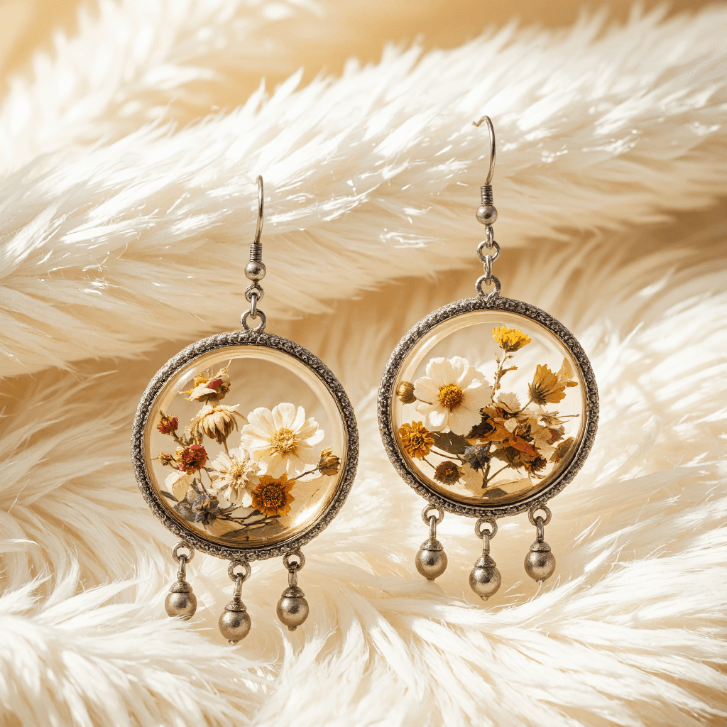 product photography of a pair of earrings with dried flowers