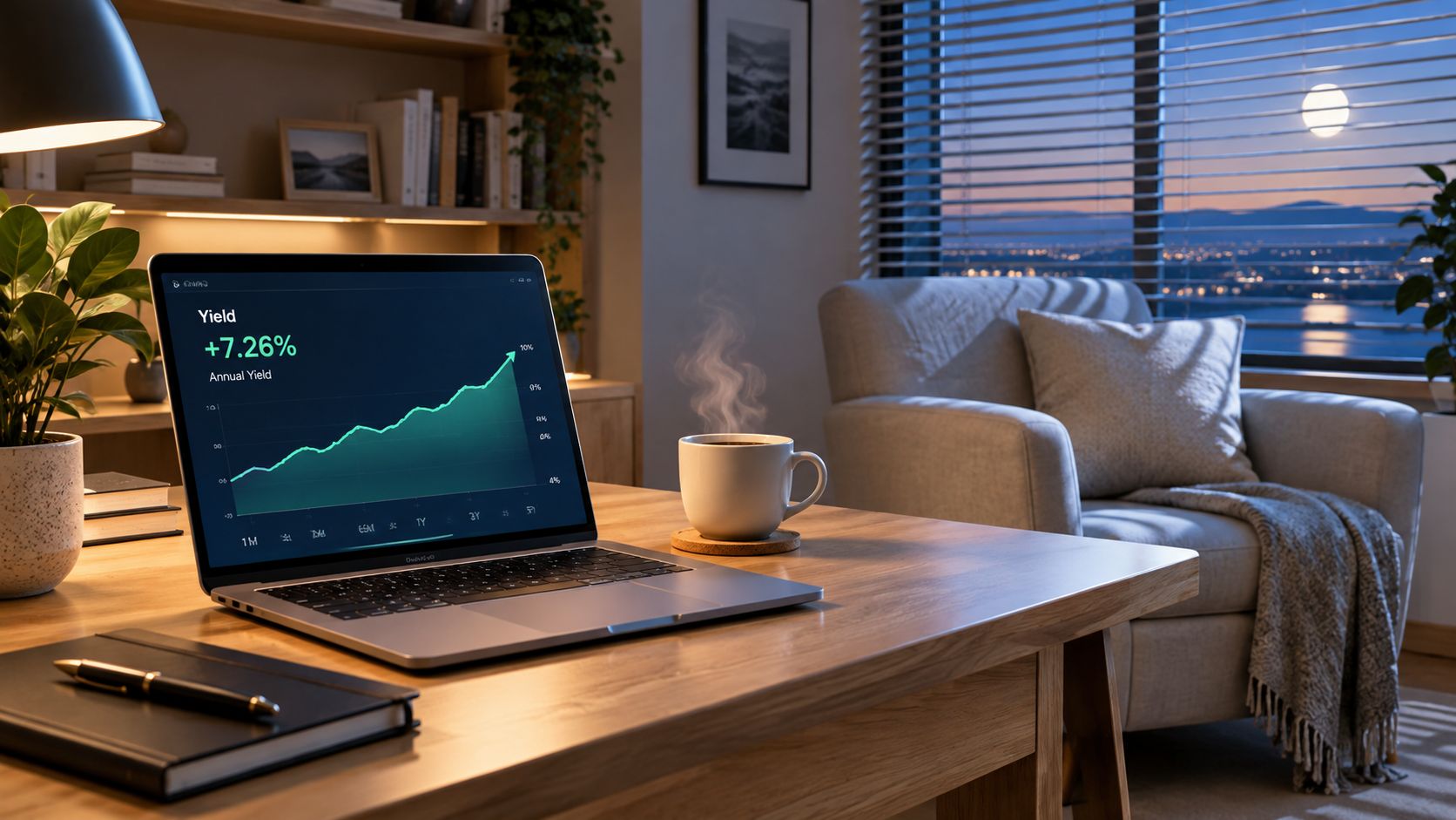 A modern home office desk featuring a laptop showing a positive financial yield graph, hot coffee, and comfortable seating.