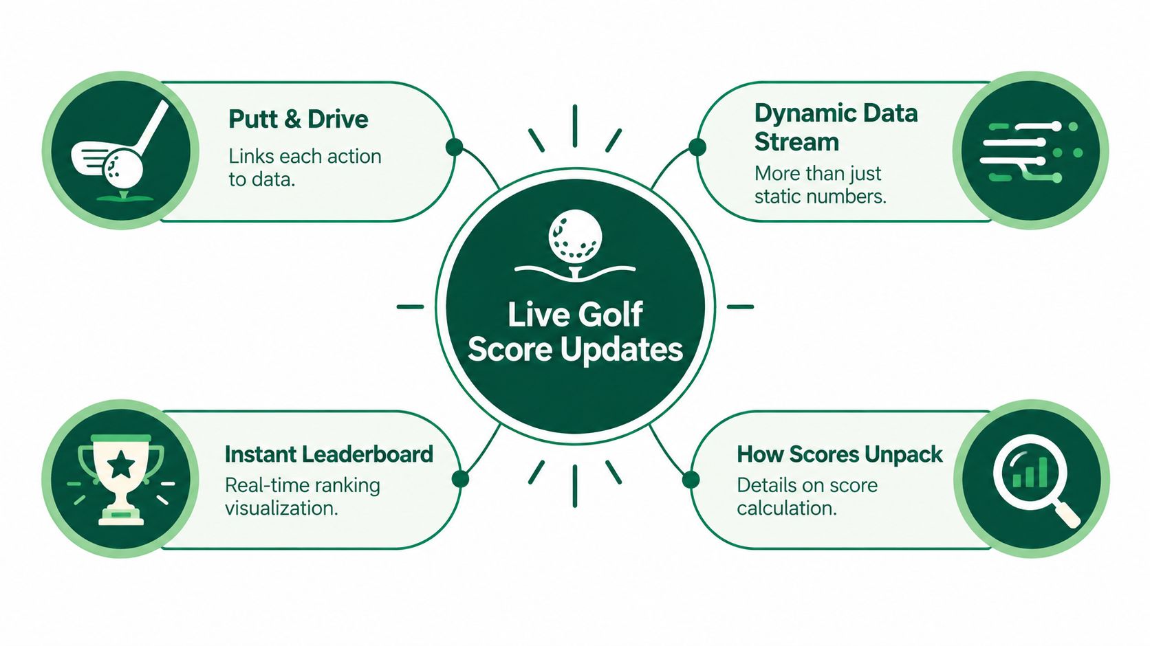 A diagram illustrating live golf score updates with four key features shown in circle icons.