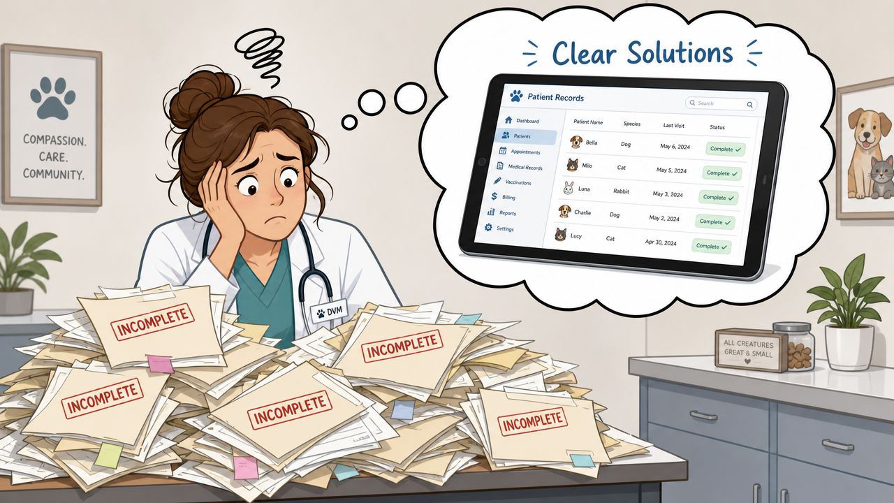 A stressed veterinarian surrounded by piles of incomplete paperwork imagining a digital patient record system.
