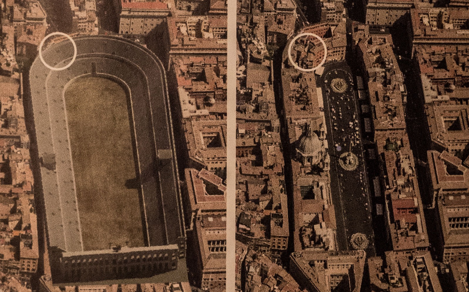 Luchtfoto van het oude Romeinse stadion en het moderne Piazza Navona in Rome.
