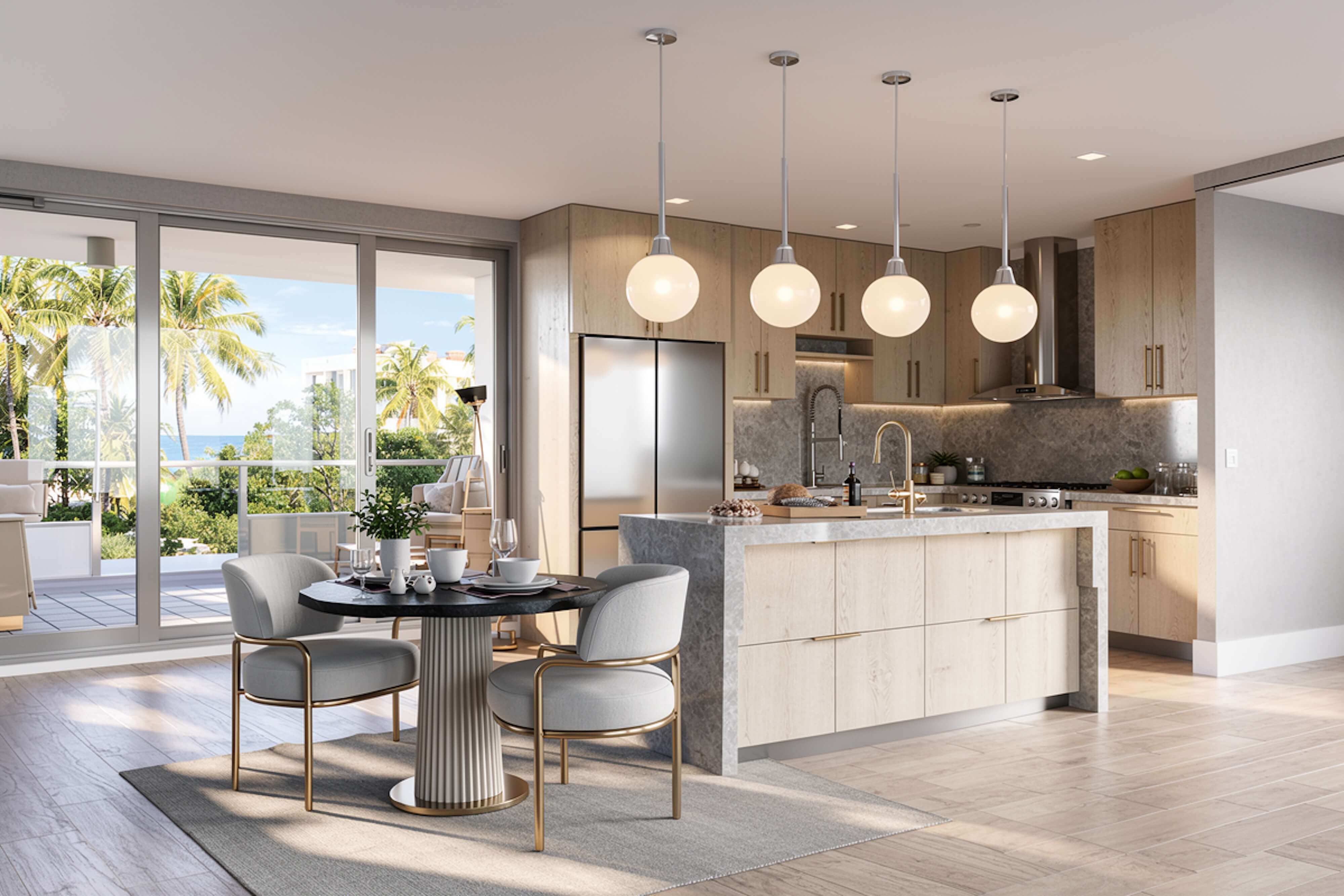 Narrow modern kitchen with wood ceiling, clean cabinetry, and warm sunlight at the far end.