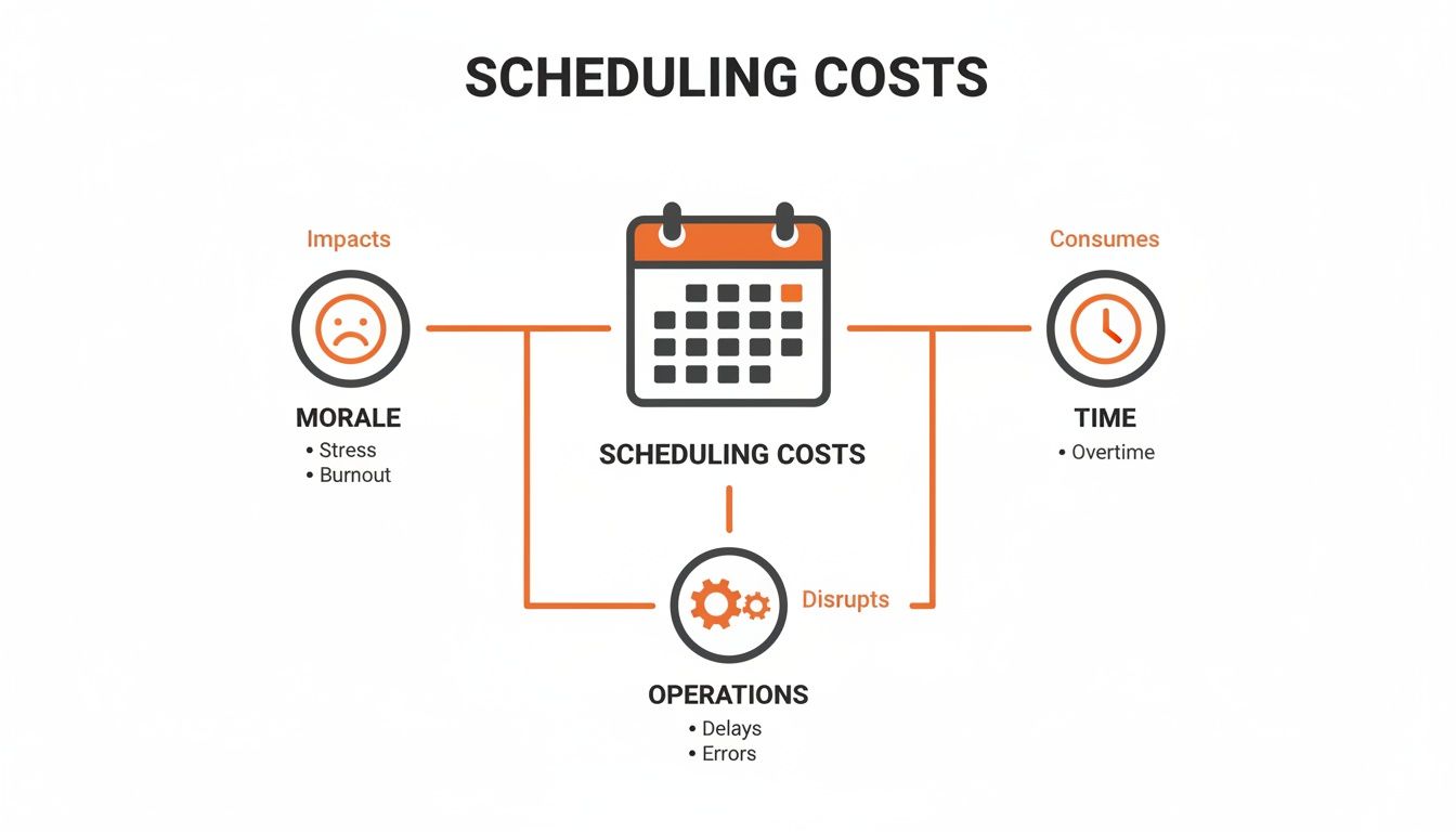 Infographic illustrating how scheduling costs negatively impact morale, time, and operations with specific examples.