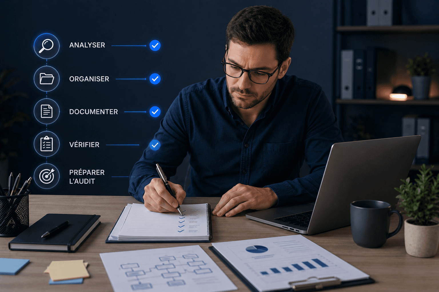 Professionnel préparant son dossier Qualiopi au bureau à l'aide d'une checklist et de documents organisés pour suivre les étapes de certification.