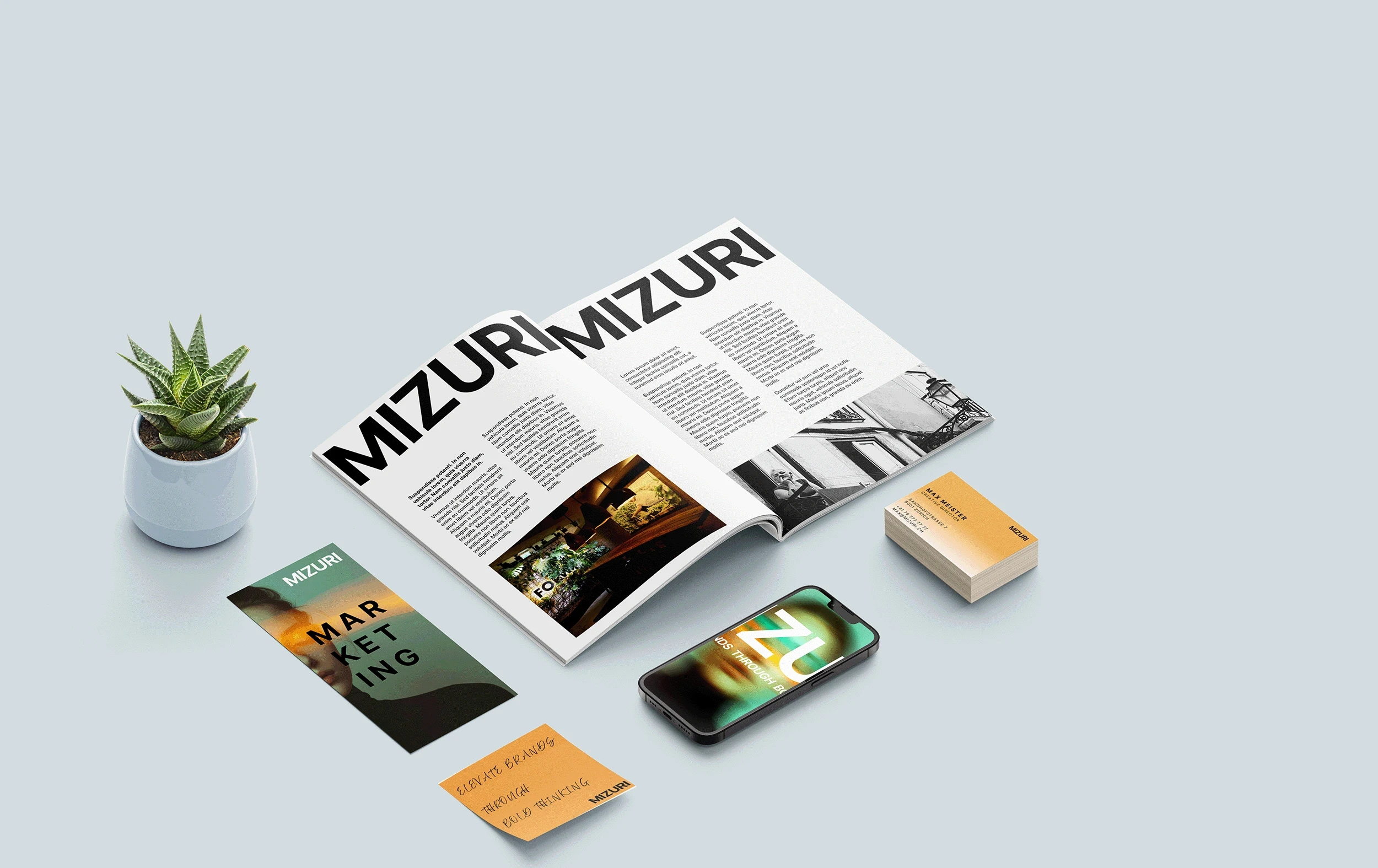 Branding and design materials showcasing tailored creative solutions by Mizuri