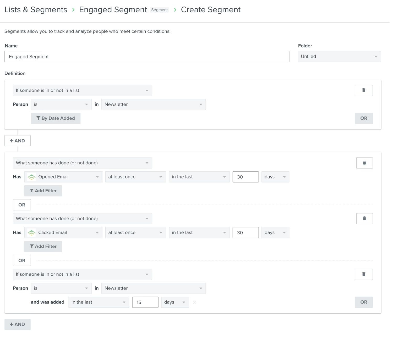 Engaged Segment.jpeg – Example of an engaged email segment in Klaviyo, categorizing active subscribers for targeted campaigns.