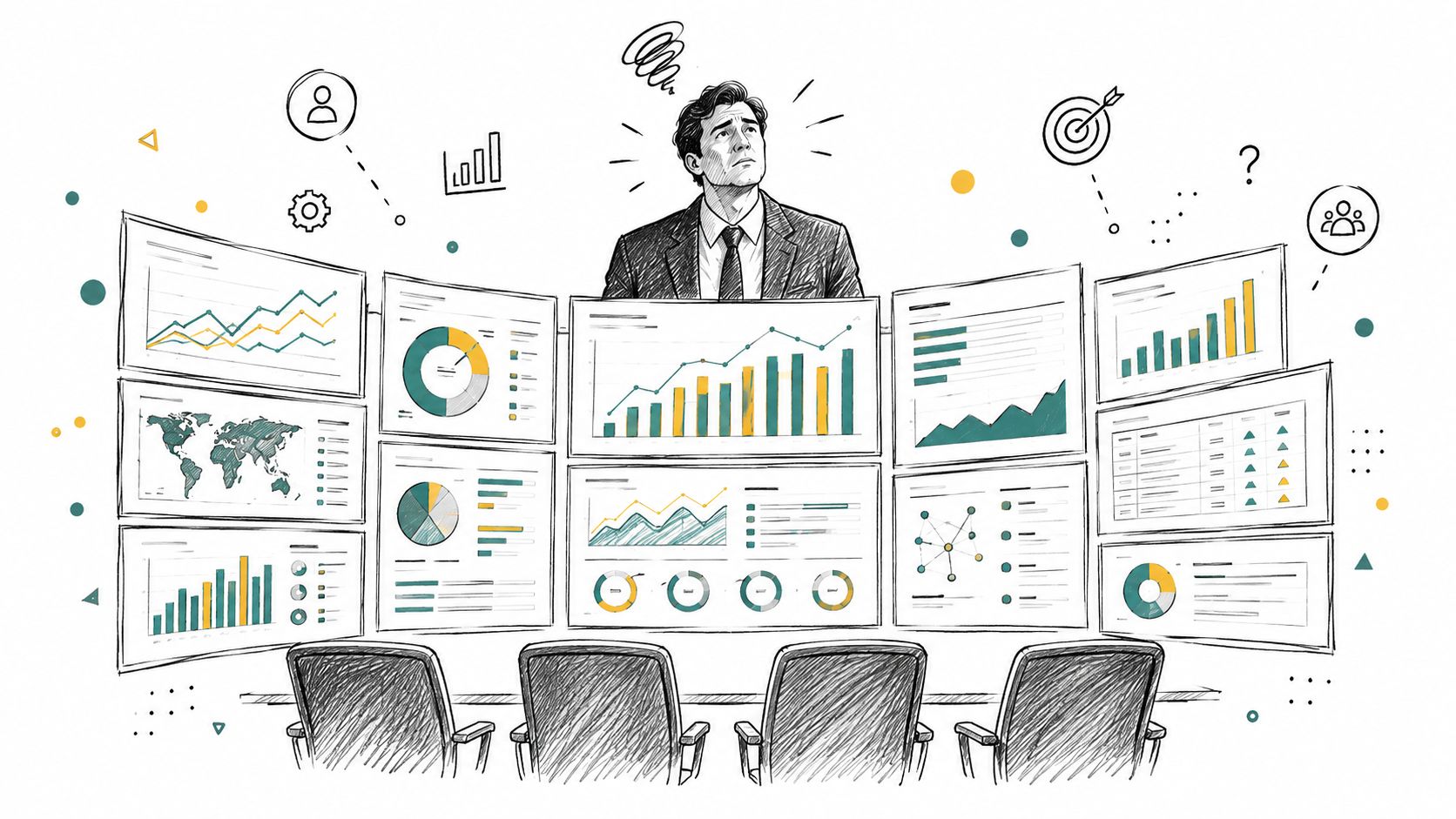 A confused businessman looks at multiple digital screens displaying data charts and analytics in a modern office.