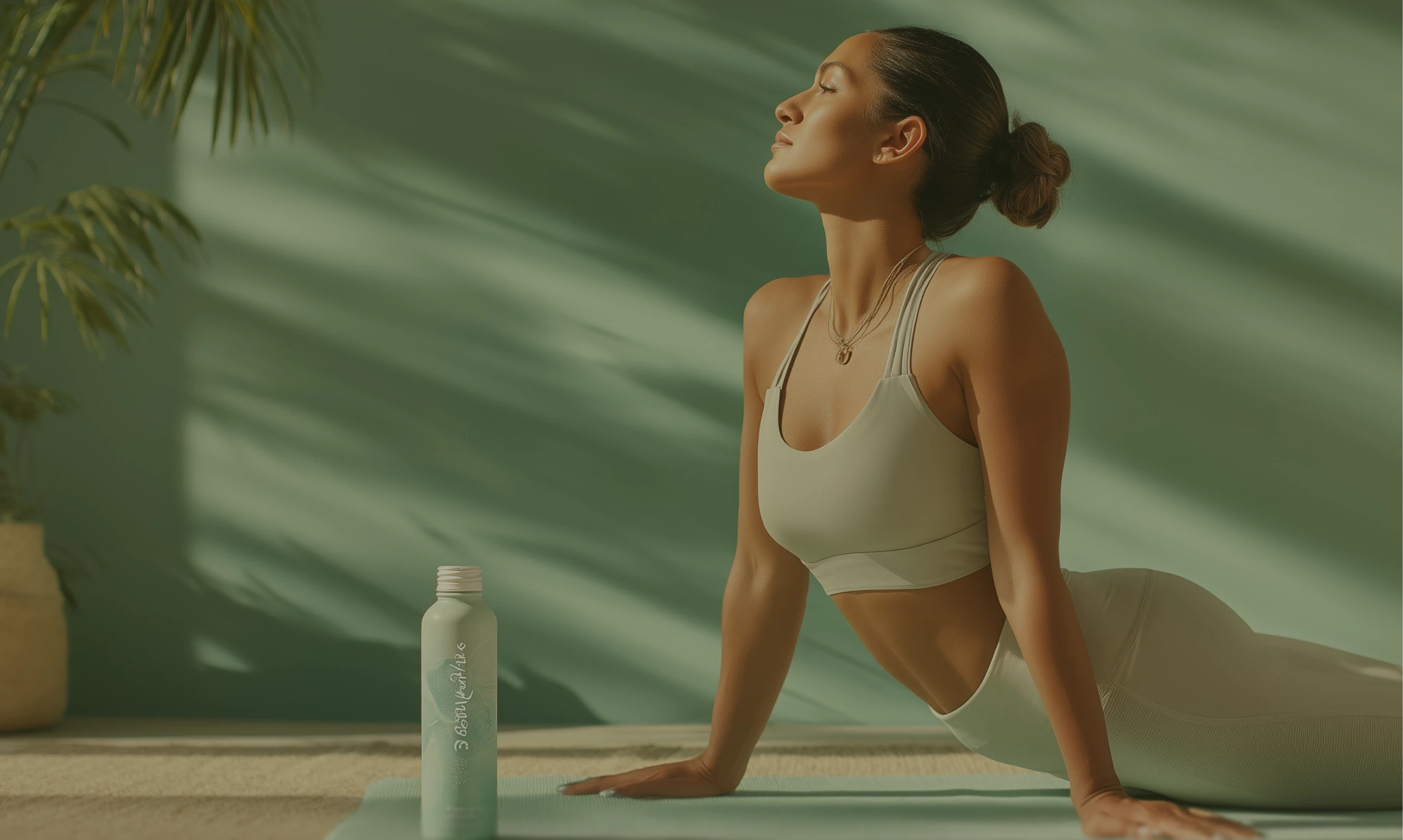 Woman practicing yoga cobra pose outdoors in a calm wellness setting with natural light