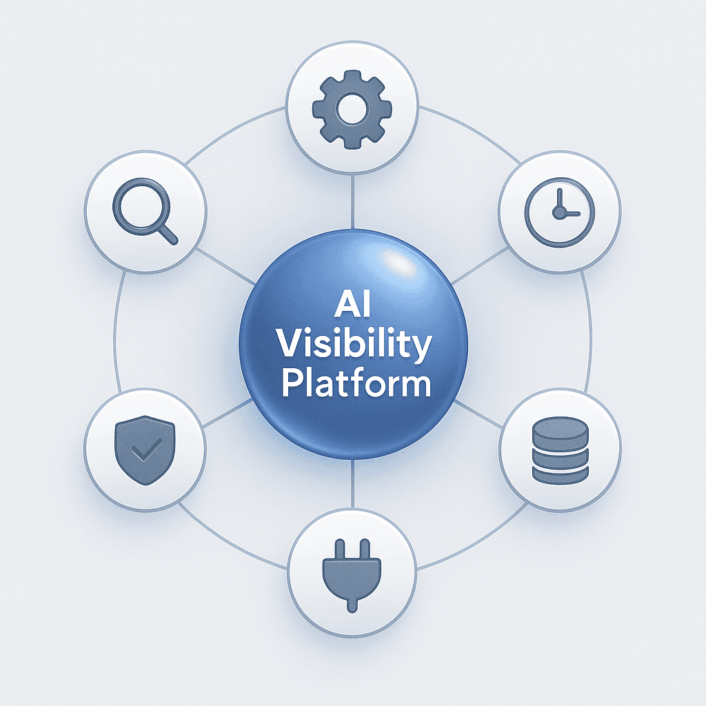 Six icon-based nodes encircle a central platform sphere, illustrating the core evaluation pillars of AI visibility tools