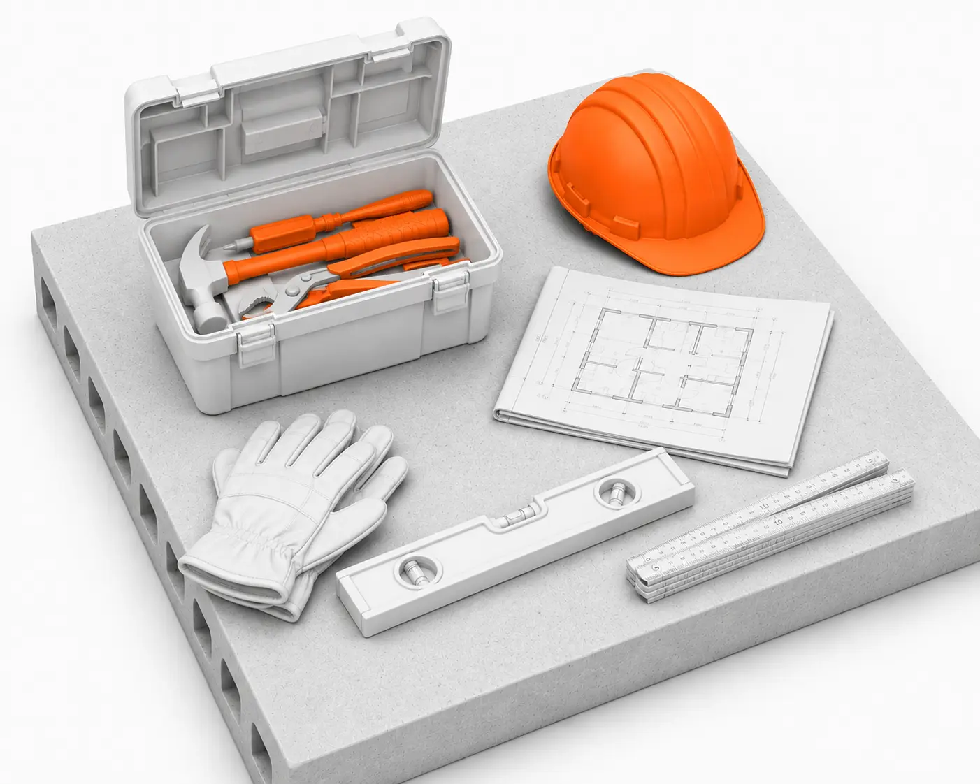 Isometrisches Modell mit orange hervorgehobenem Helm und Werkzeugen