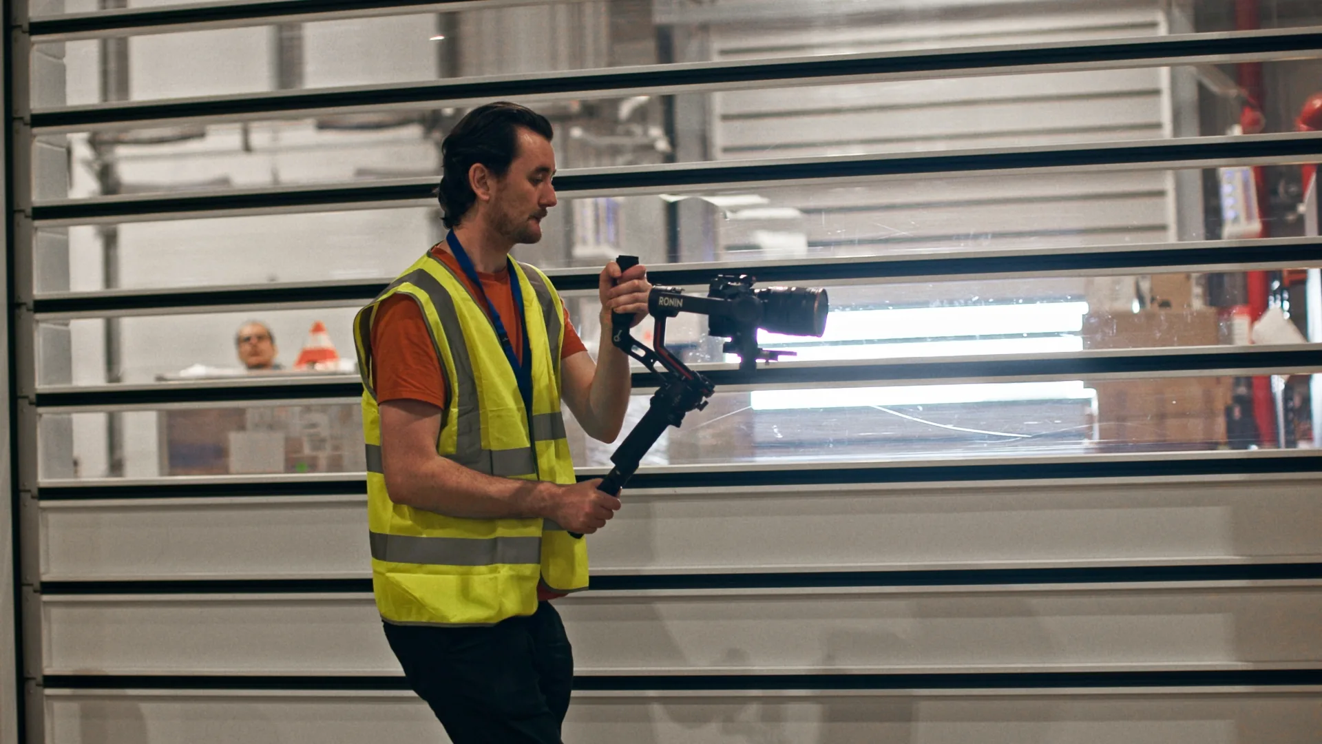 warehouse filming, gimbal, videographer, location shoot, industrial video, Pinta, on-site production