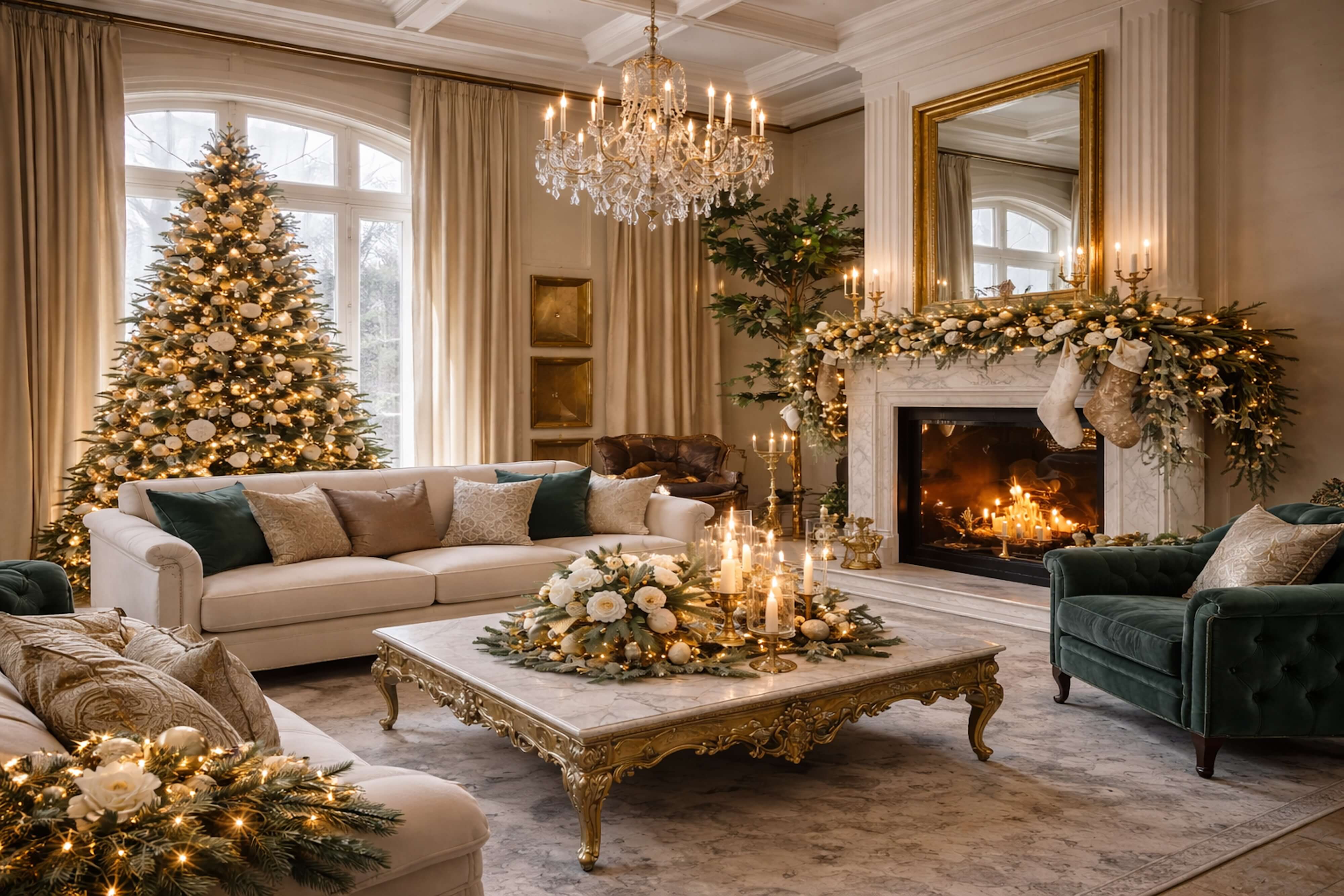 Luxurious holiday living room with a grand Christmas tree, crystal chandelier, layered greenery, gold accents, and an elegant fireplace styled in a refined maximalist design.