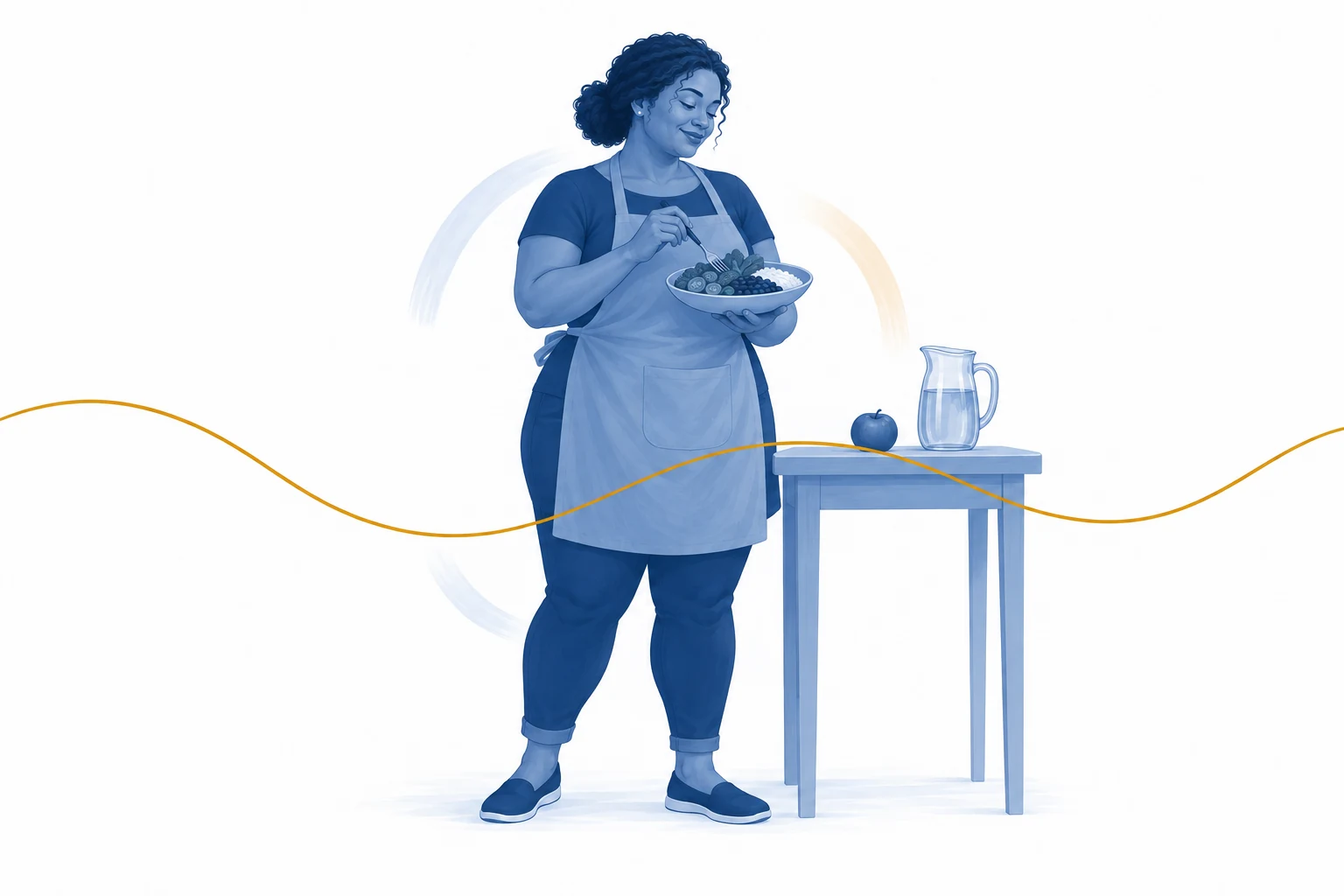 Mulher negra curvilínea com uma refeição, representada em azul e acompanhada pelo fio dourado.