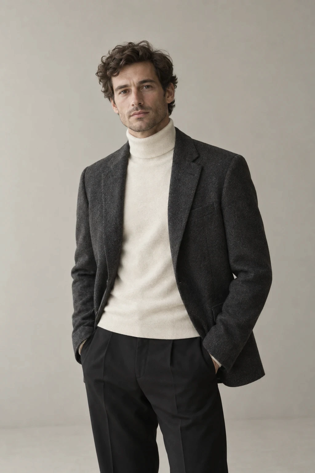 Man in a charcoal blazer over a cream roll neck
