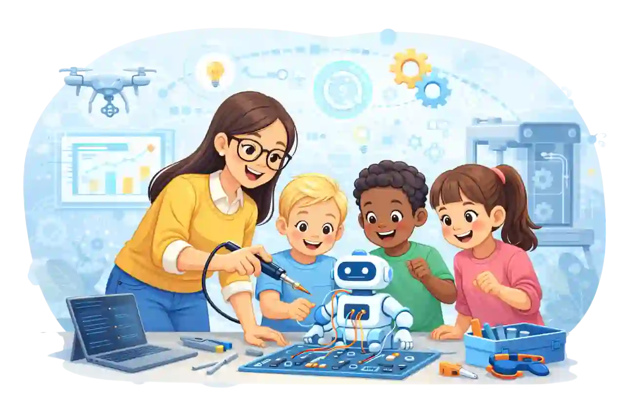Teacher guiding children in robotics and coding hands-on learning session