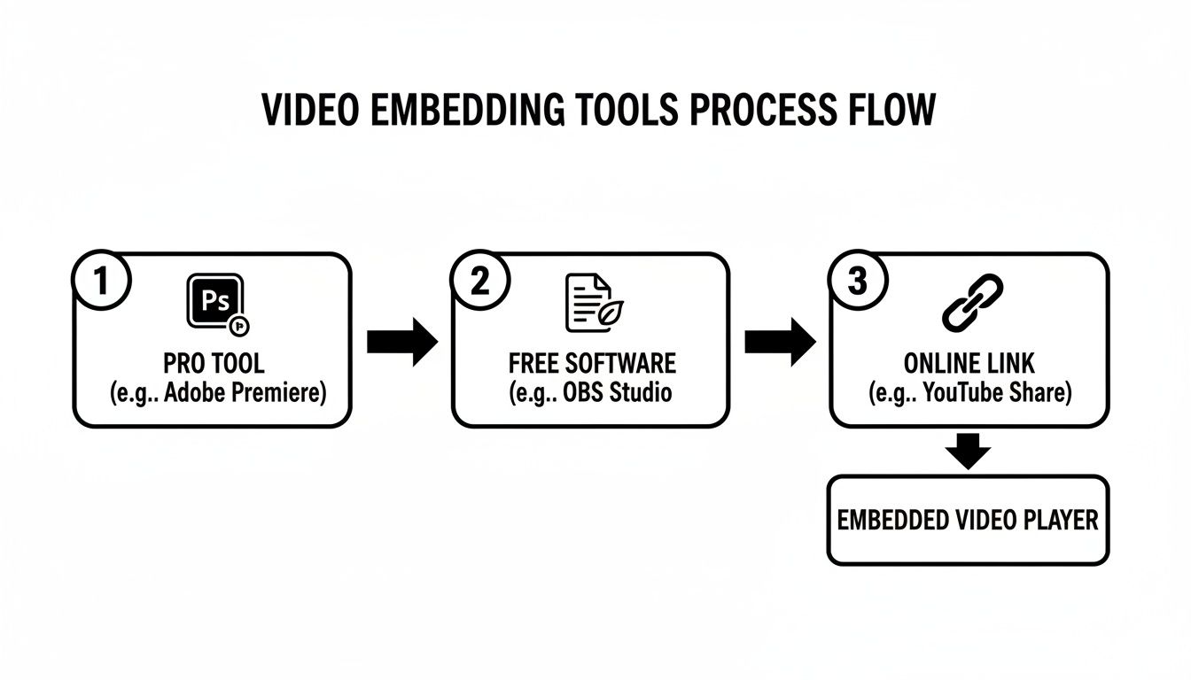 Flowchart illustrating the video embedding process using pro tools, free software, or online links, leading to an embedded video player.