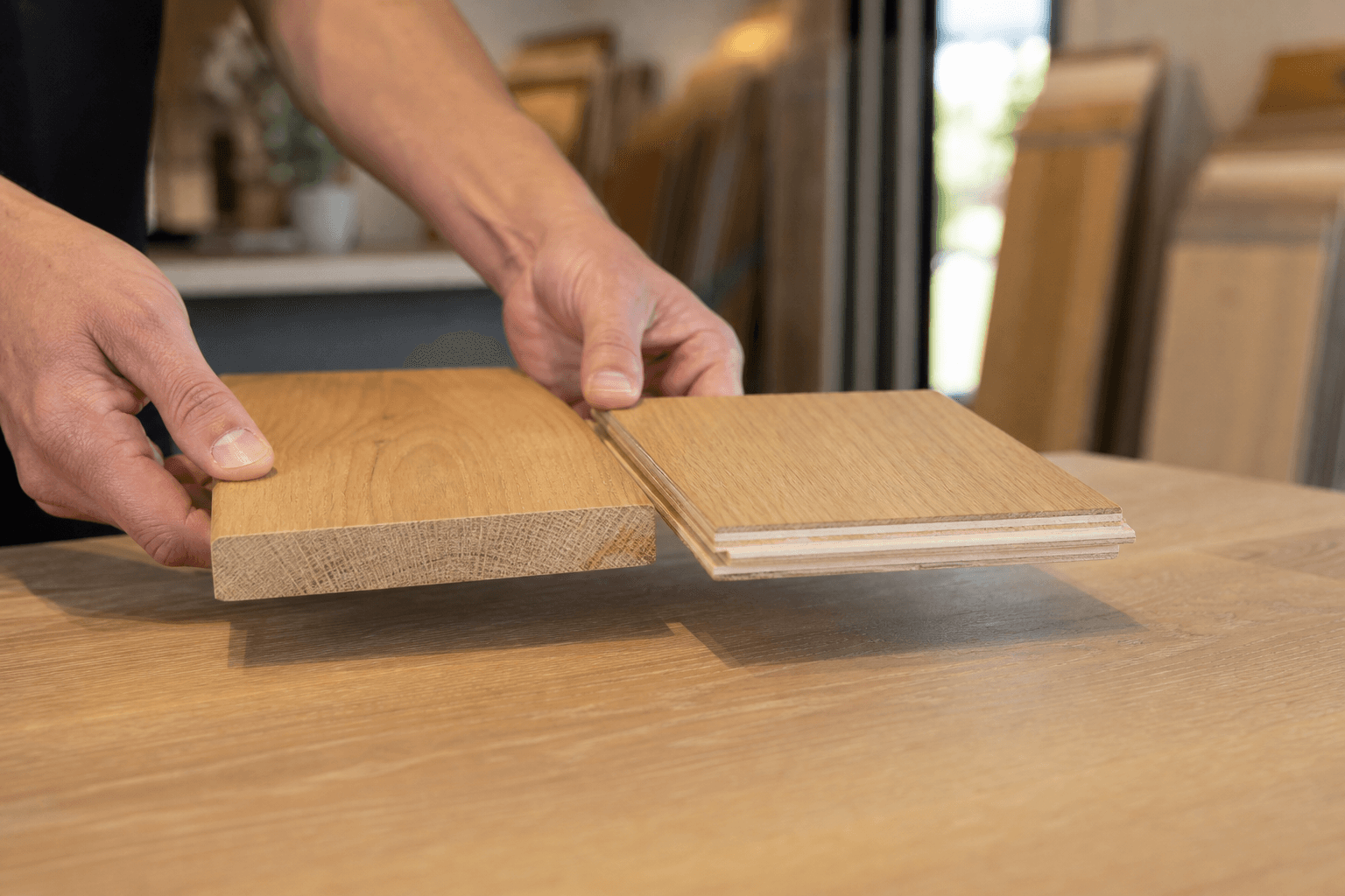 Comparaison des tranches d’une lame de parquet massif et d’une lame de parquet contrecollé
