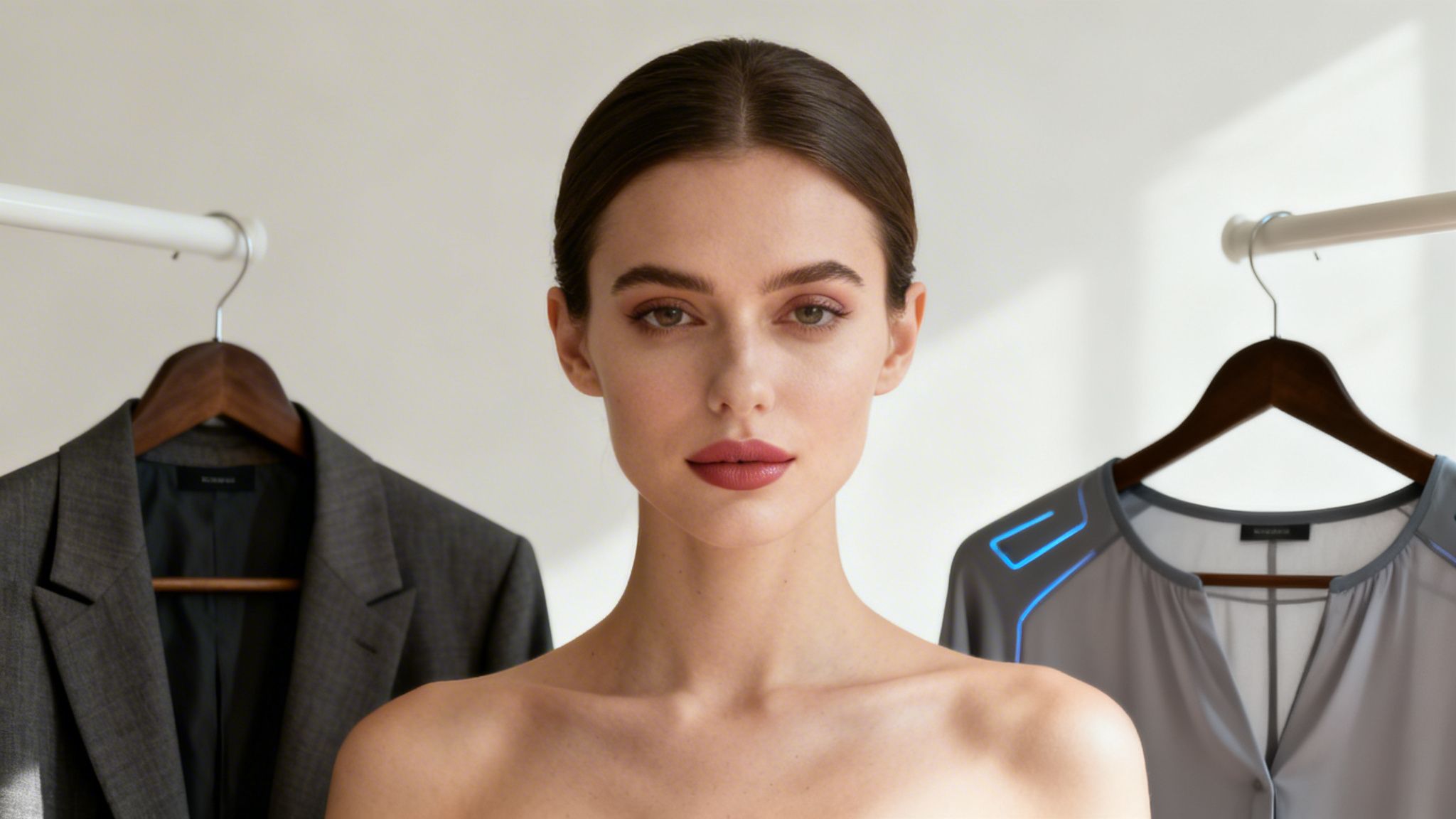 Eine professionelle Frau blickt in die Kamera, umgeben von einem Anzug und einer futuristischen Bluse.