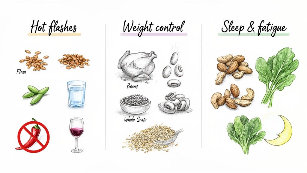 Illustrations showing foods and drinks recommended or to avoid for menopause symptoms like hot flashes, weight, and fatigue.